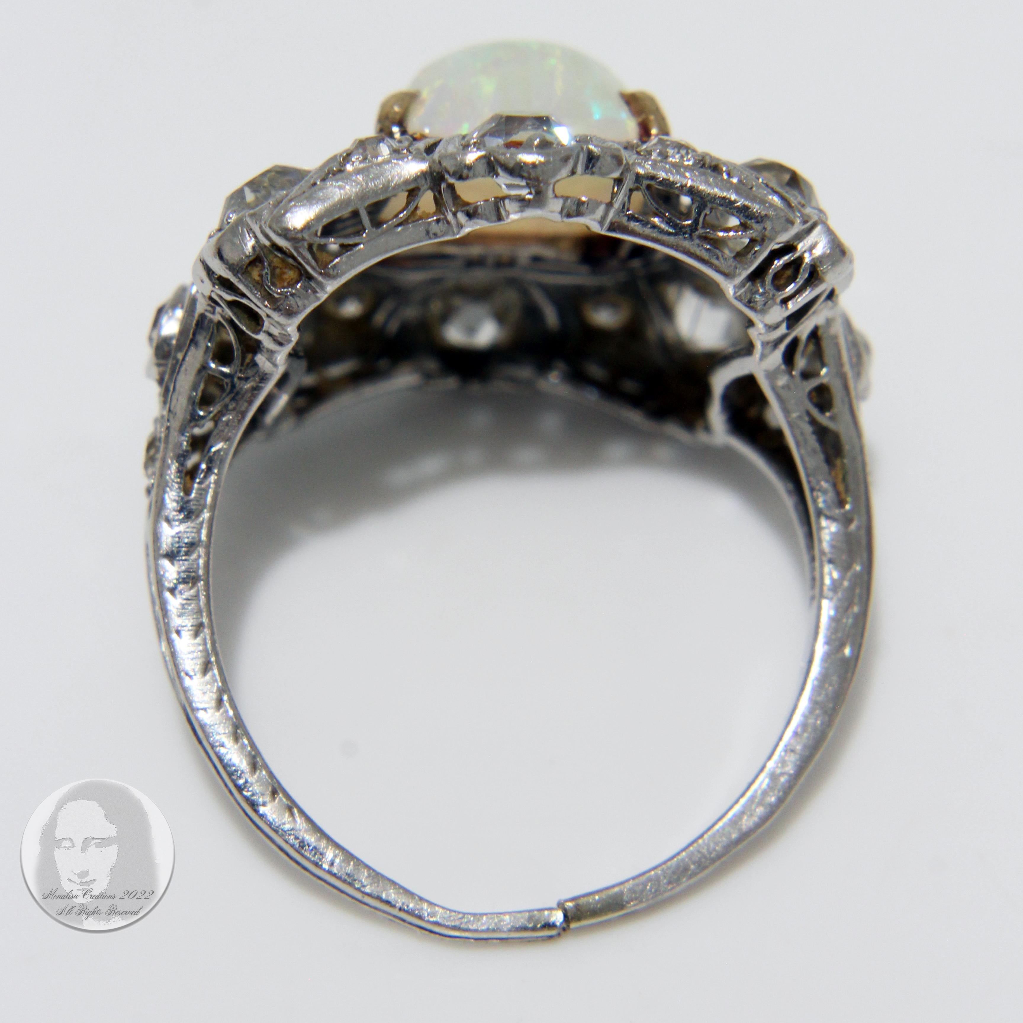 Opal and Diamond Cocktail Ring Art Deco Style Vintage Platinum Rare Early 20th C For Sale 9