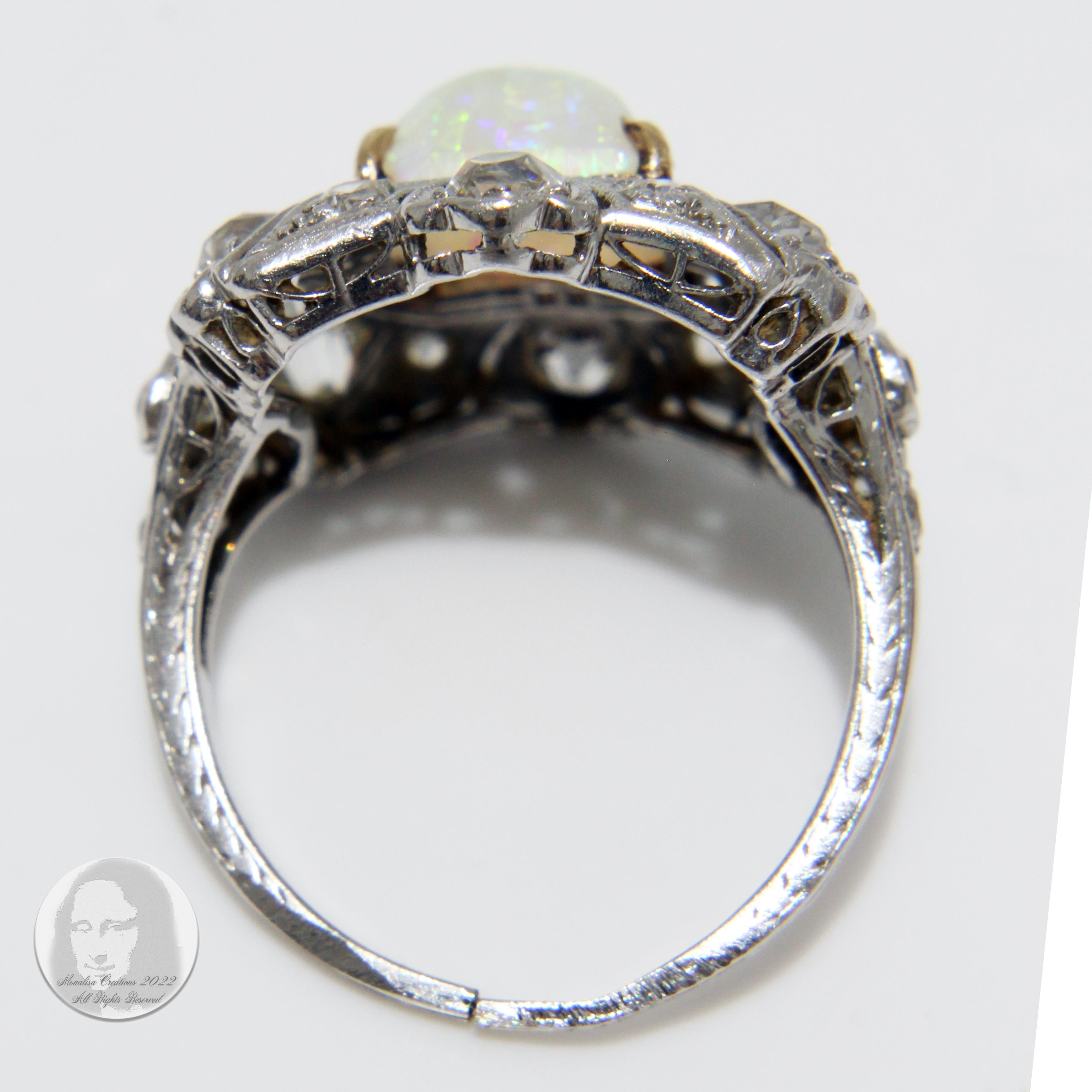 Opal and Diamond Cocktail Ring Art Deco Style Vintage Platinum Rare Early 20th C For Sale 10