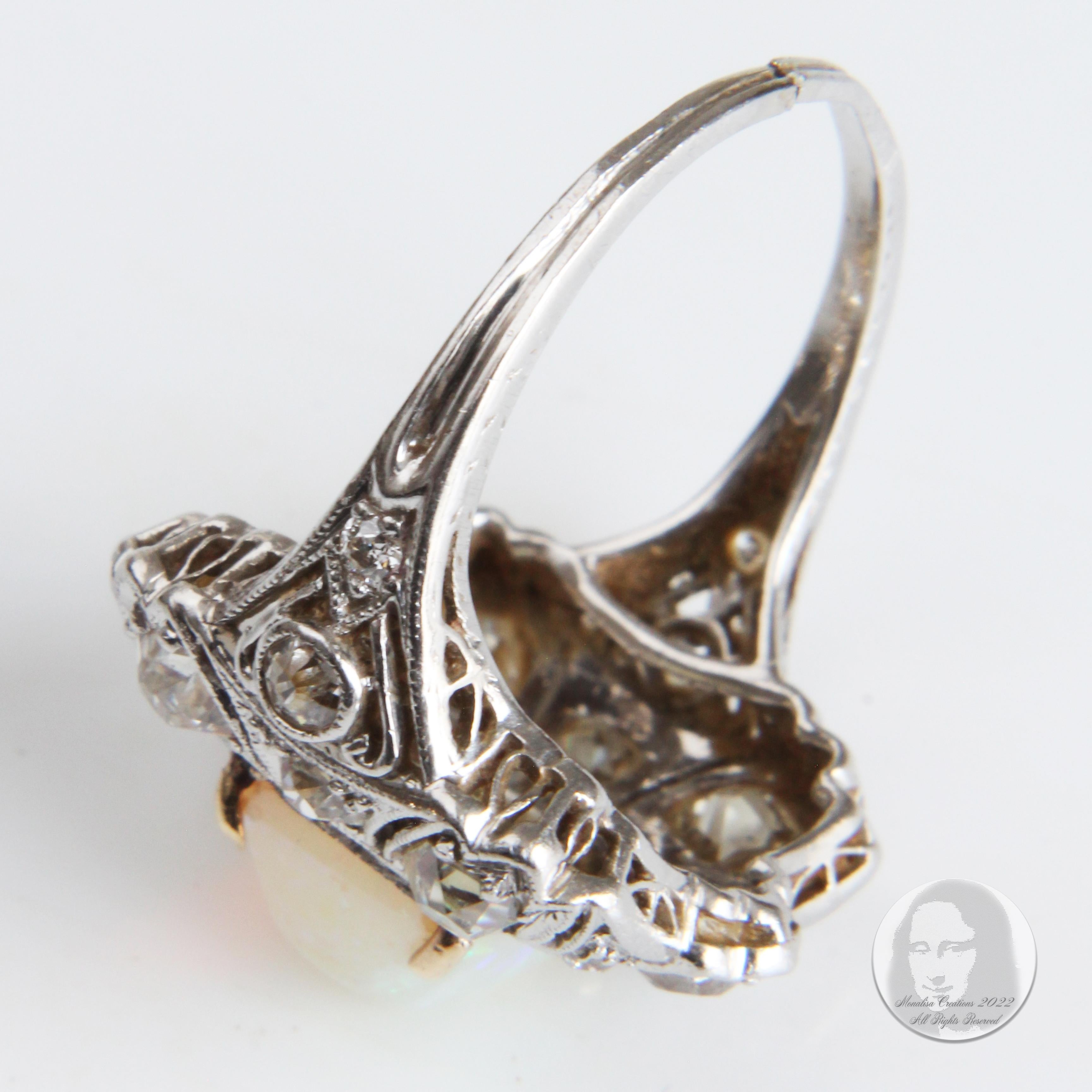 Opal and Diamond Cocktail Ring Art Deco Style Vintage Platinum Rare Early 20th C For Sale 11
