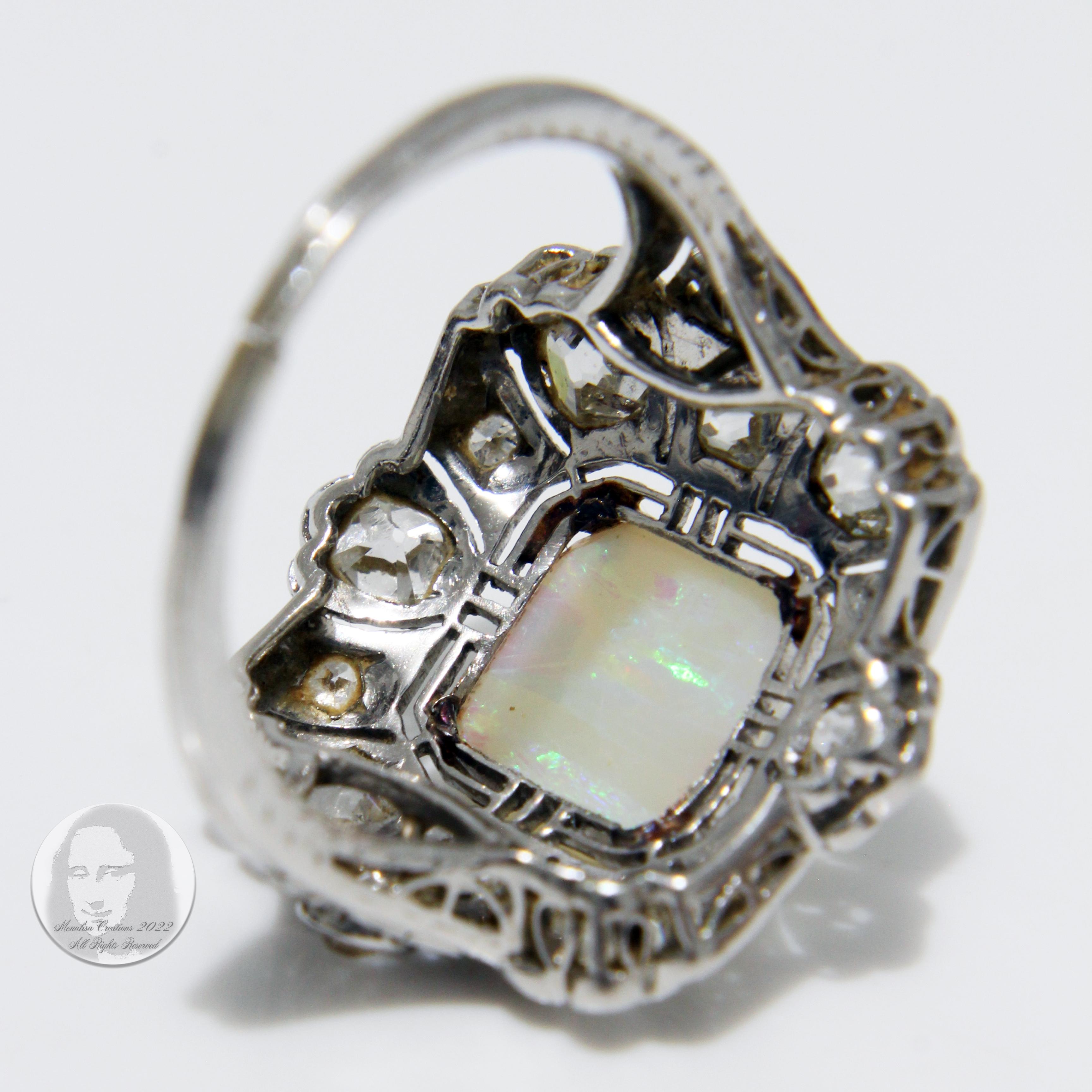 Opal and Diamond Cocktail Ring Art Deco Style Vintage Platinum Rare Early 20th C For Sale 12