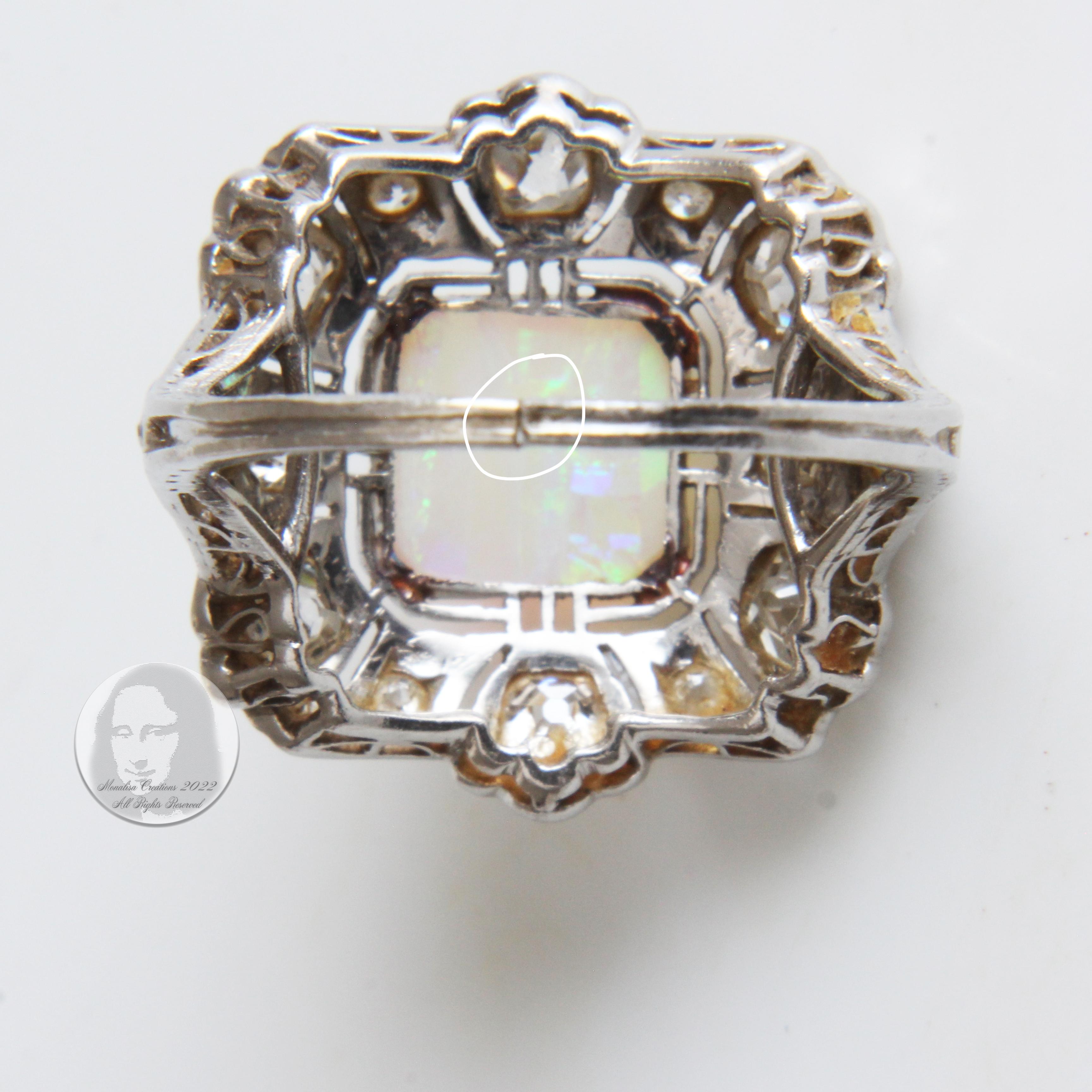 Opal and Diamond Cocktail Ring Art Deco Style Vintage Platinum Rare Early 20th C For Sale 13