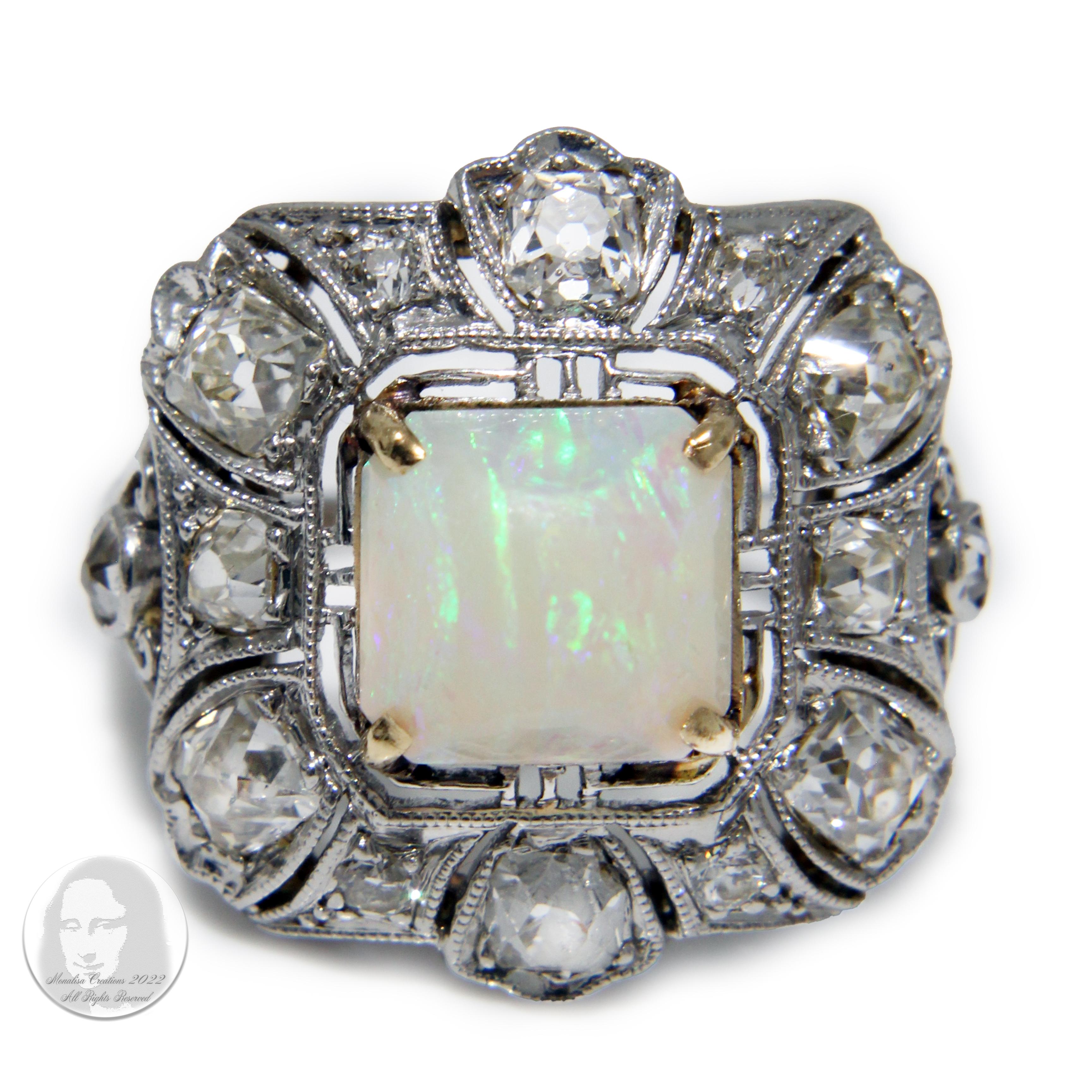 Opal and Diamond Cocktail Ring Art Deco Style Vintage Platinum Rare Early 20th C In Fair Condition For Sale In Port Saint Lucie, FL