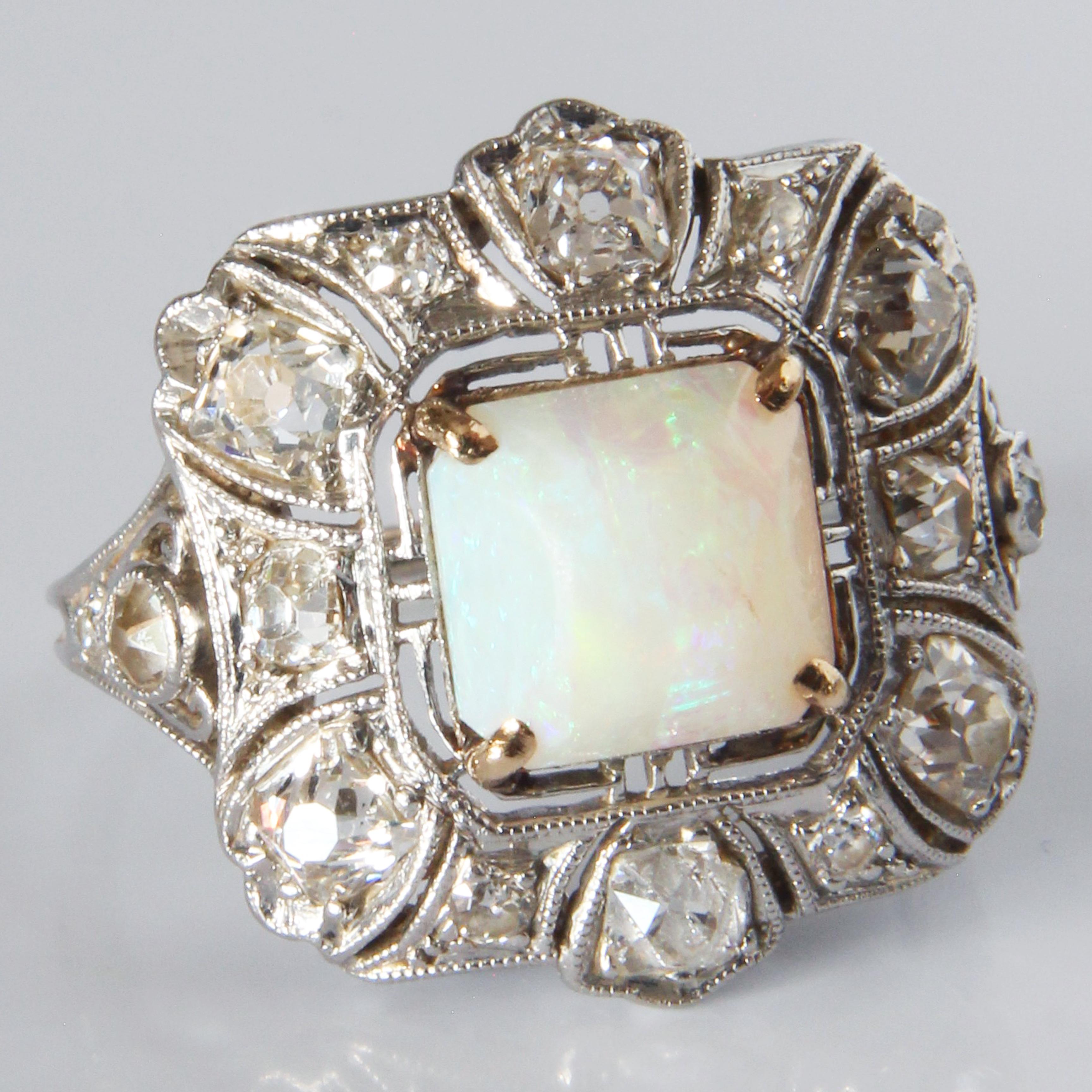 Old Mine Cut Opal and Diamond Cocktail Ring Art Deco Style Vintage Platinum Rare Early 20th C For Sale