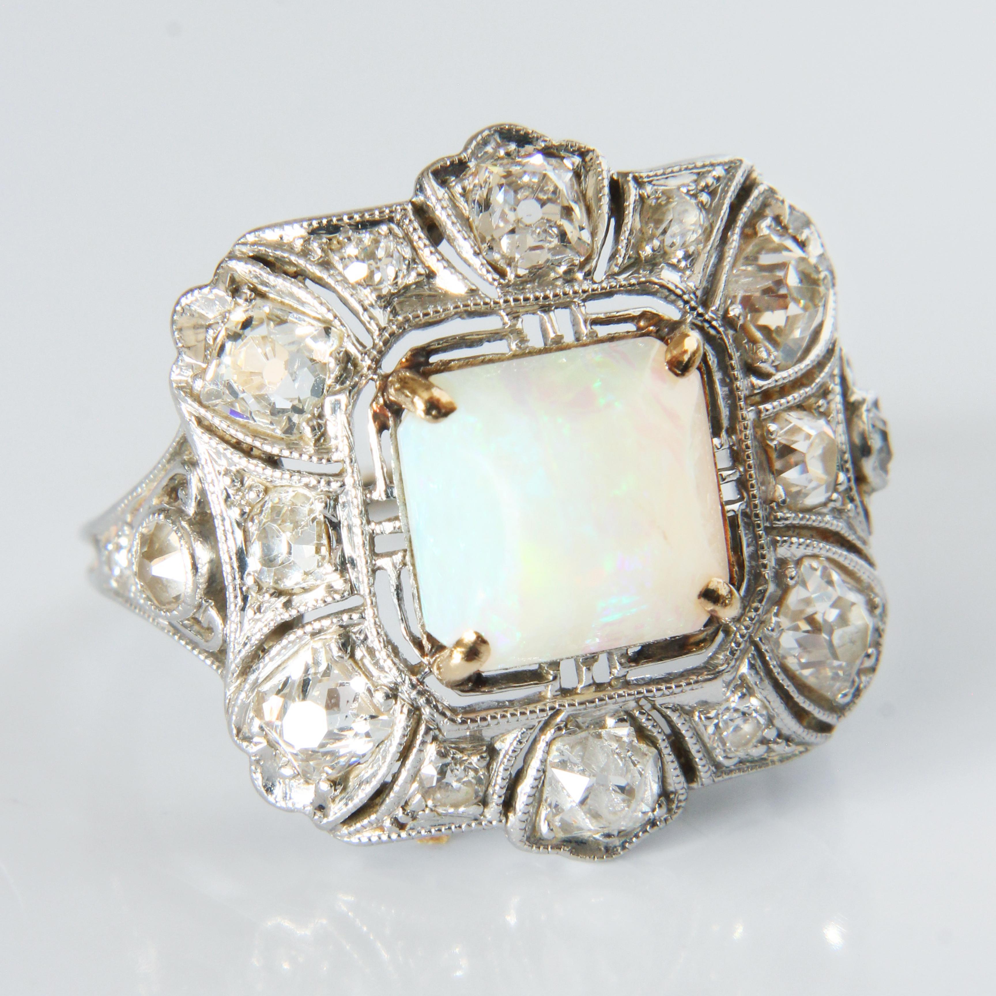 Opal and Diamond Cocktail Ring Art Deco Style Vintage Platinum Rare Early 20th C For Sale 1