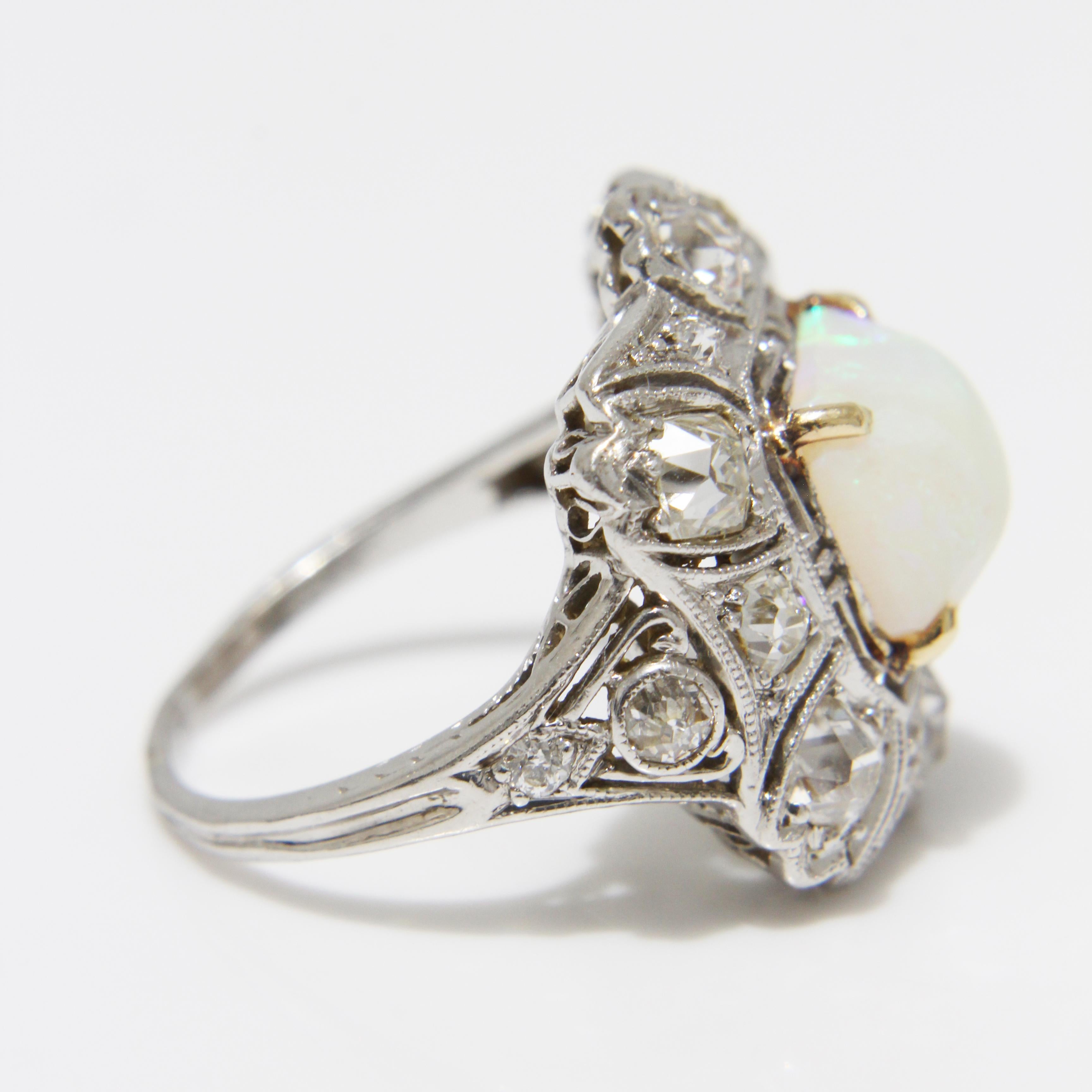 Opal and Diamond Cocktail Ring Art Deco Style Vintage Platinum Rare Early 20th C For Sale 1