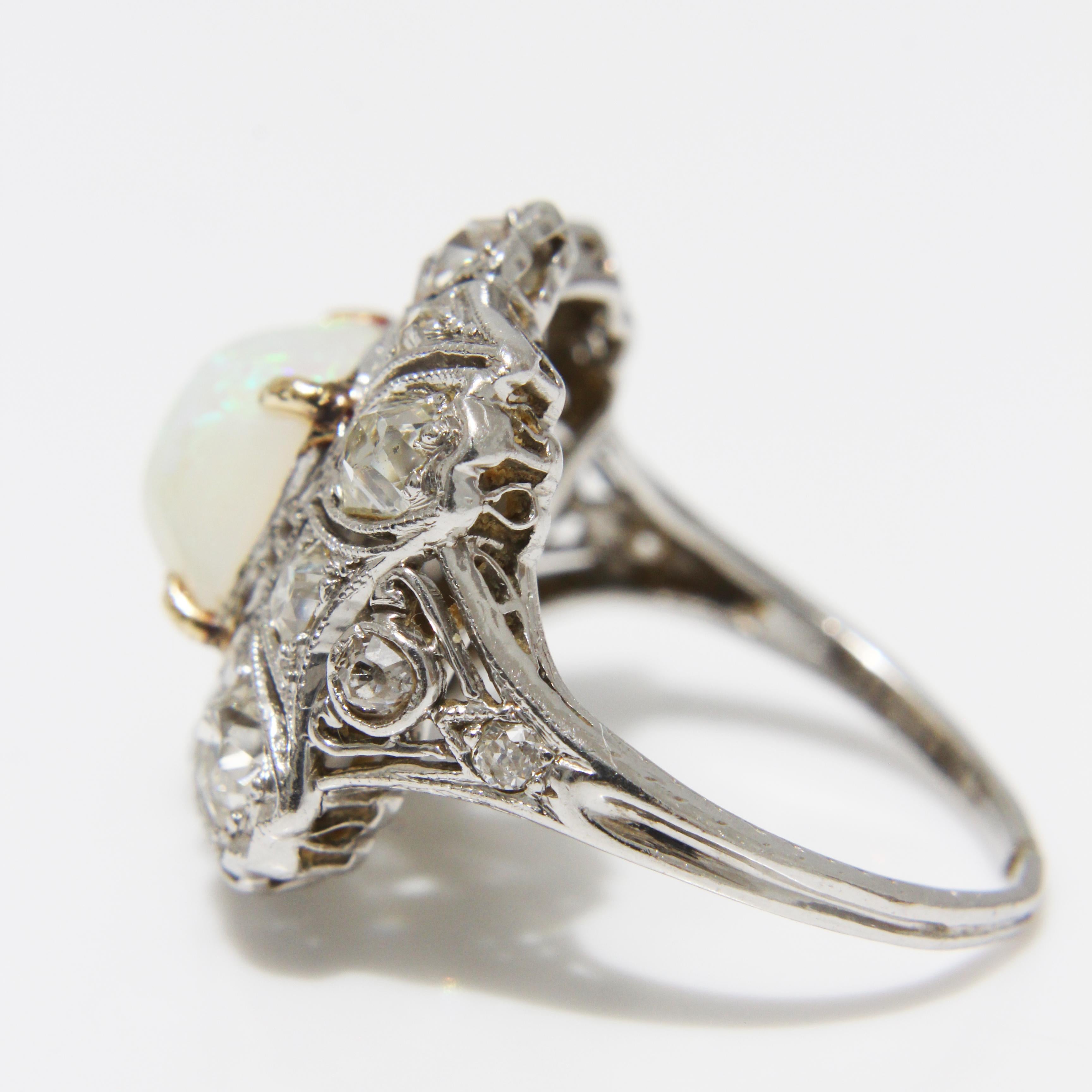 Opal and Diamond Cocktail Ring Art Deco Style Vintage Platinum Rare Early 20th C For Sale 2