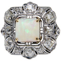 Opal and Diamond Cocktail Ring Art Deco Style Antique Platinum Rare Early 20th C