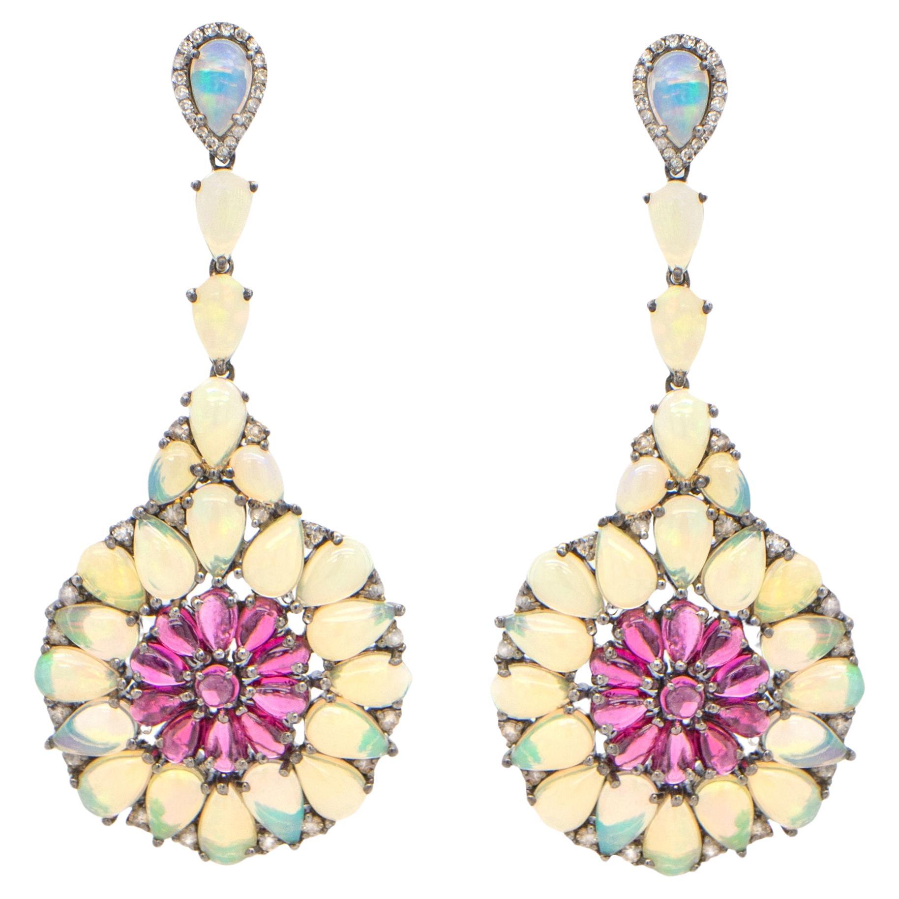 Opal and Diamond Earrings 30 Carats Total 14k Gold and Silver For Sale