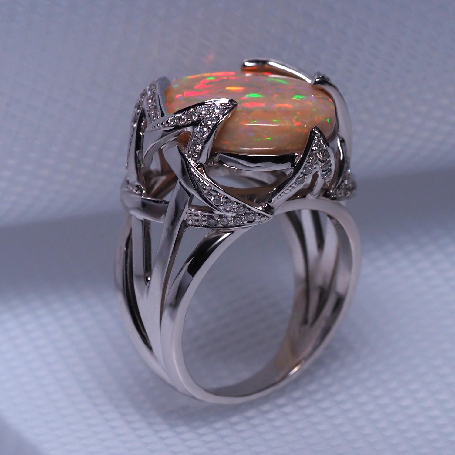 Women's or Men's Opal Diamond Gold Ring Design Star Opalescence Rainbow