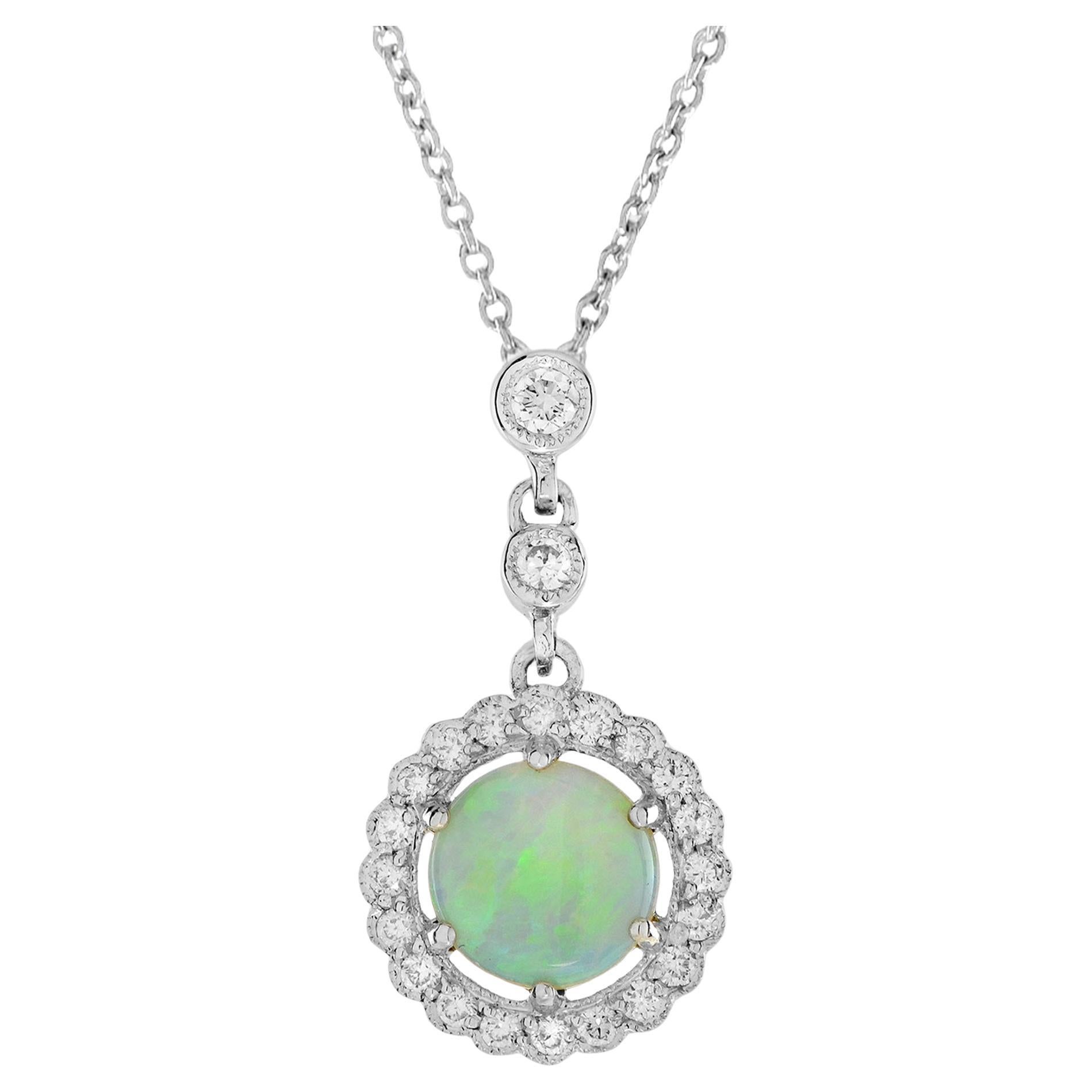 Opal and Diamond Halo Art Deco Style Necklace in 14K White Gold For Sale