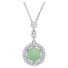 Opal and Diamond Halo Art Deco Style Necklace in 14K White Gold