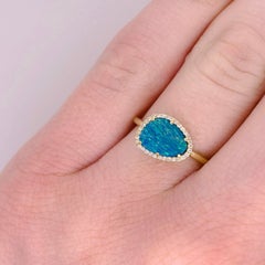 Opal and Diamond Halo Ring, Yellow Gold, Organic Shape Opal .88 Carat