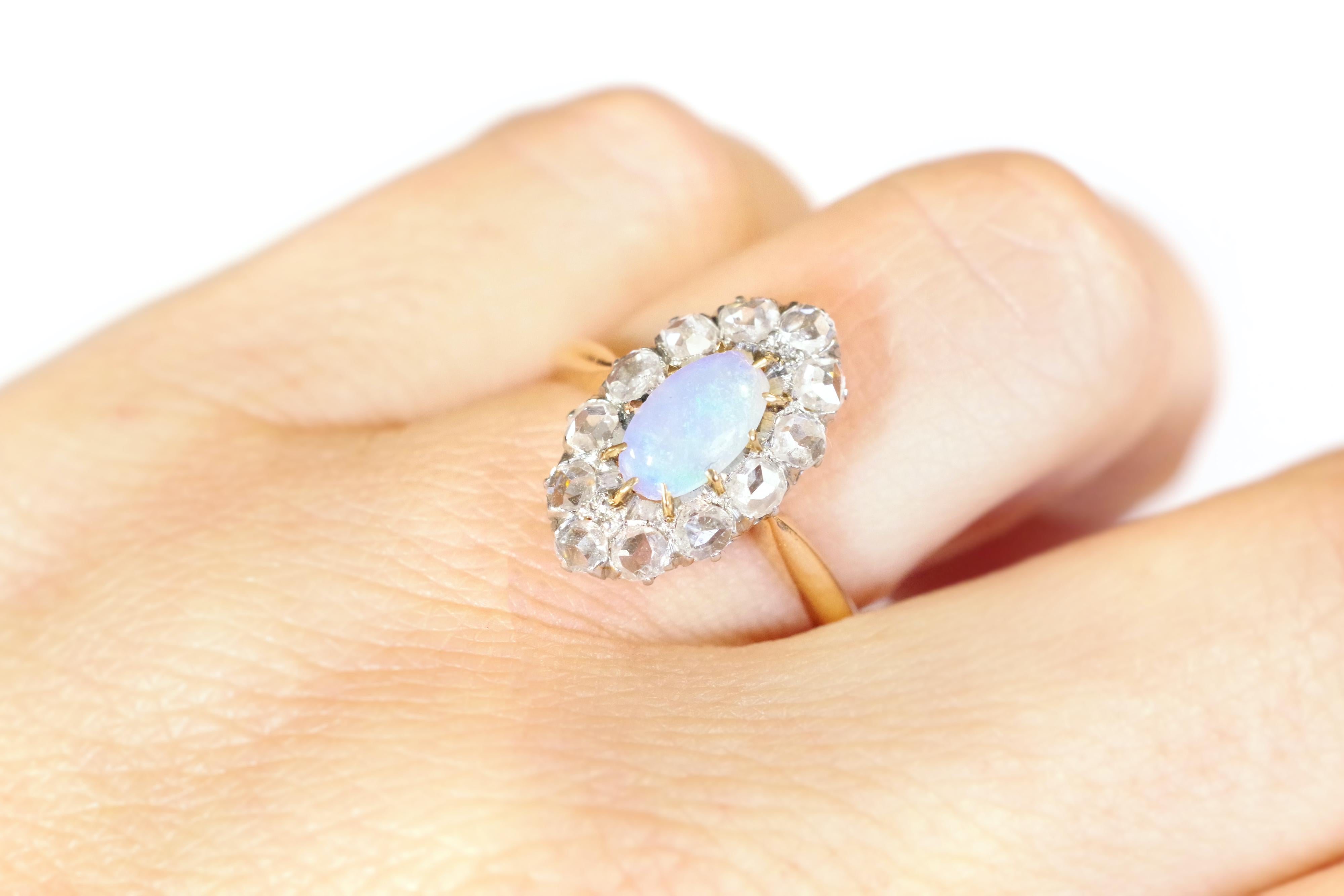 Opal and Diamond Marquise Ring in Rose Gold and Platinum, Belle Epoque In Fair Condition In PARIS, FR