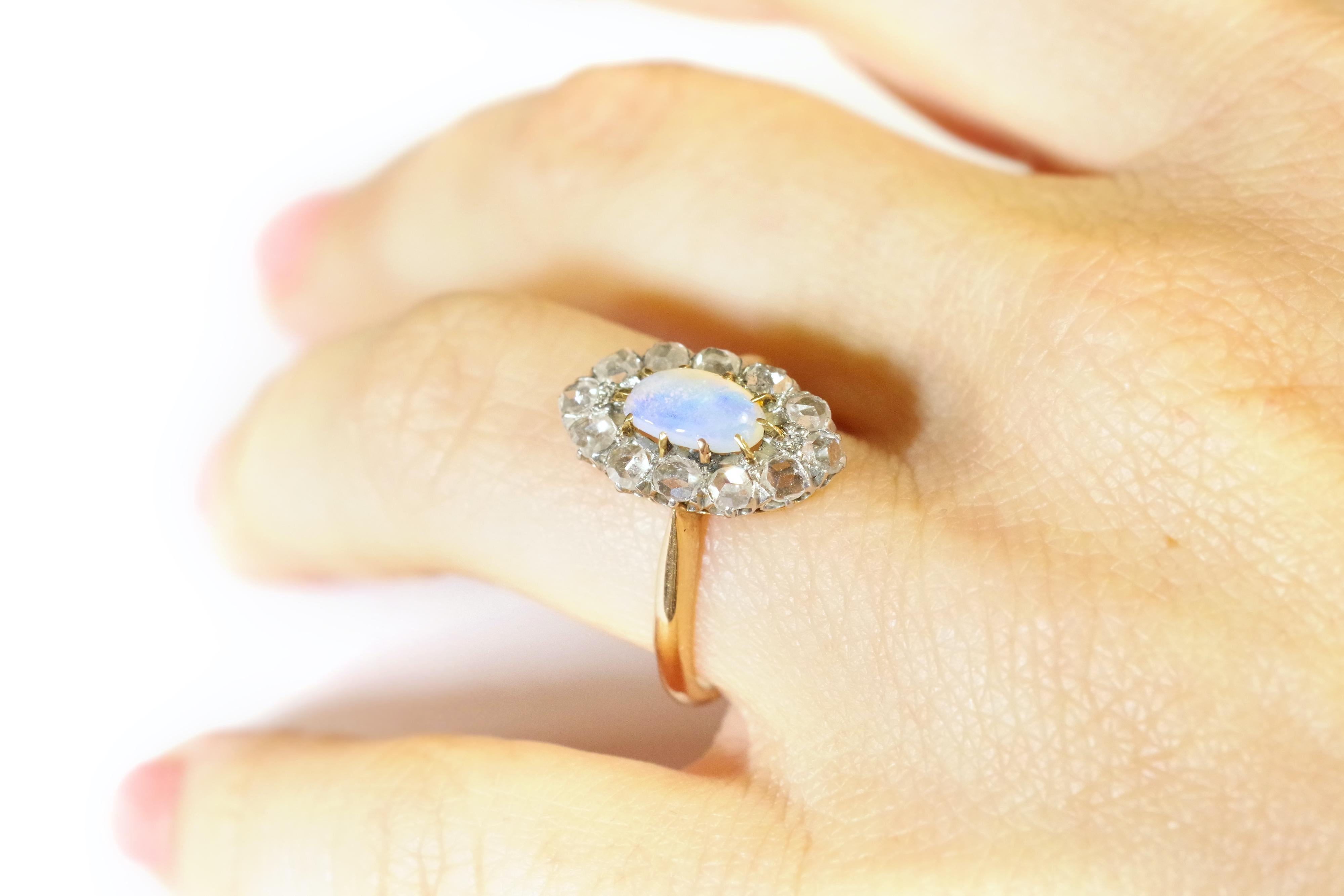 Women's or Men's Opal and Diamond Marquise Ring in Rose Gold and Platinum, Belle Epoque