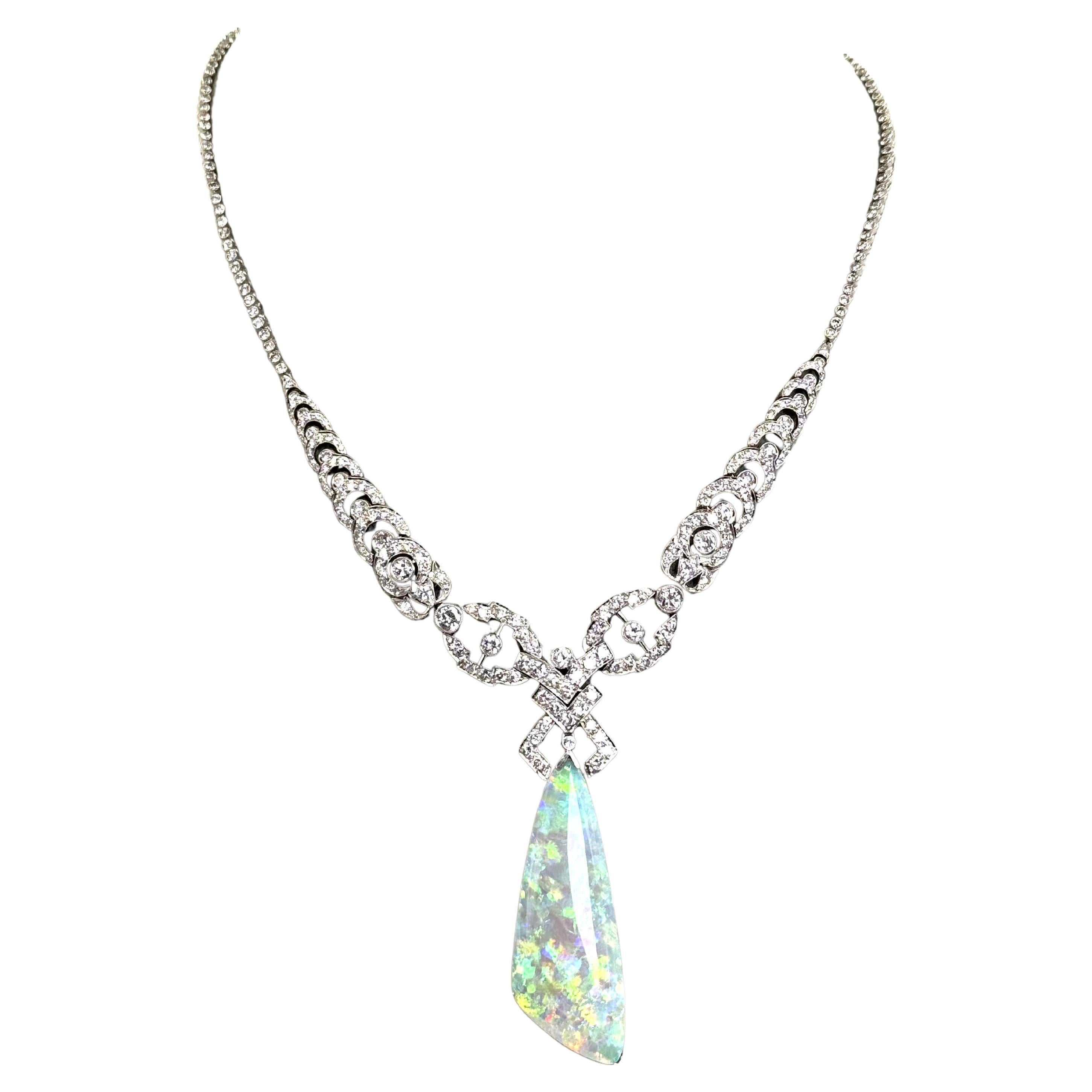 18K White Gold Opal and Diamond Necklace