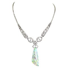 18K White Gold Opal and Diamond Necklace