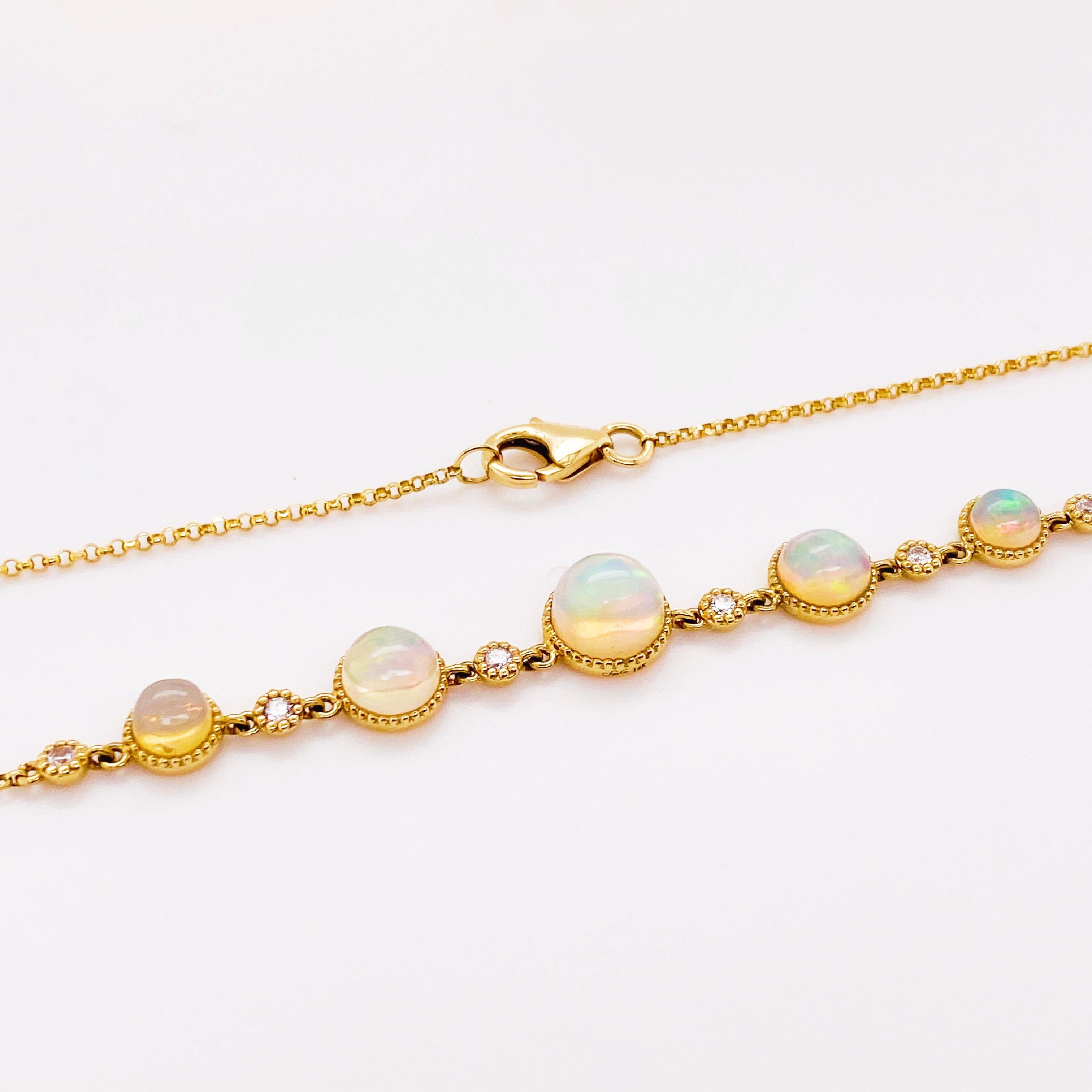 Arts and Crafts Opal and Diamond Necklace Set in 14k Gold Bezel w Beaded Chain, 1.00 Carat Opals