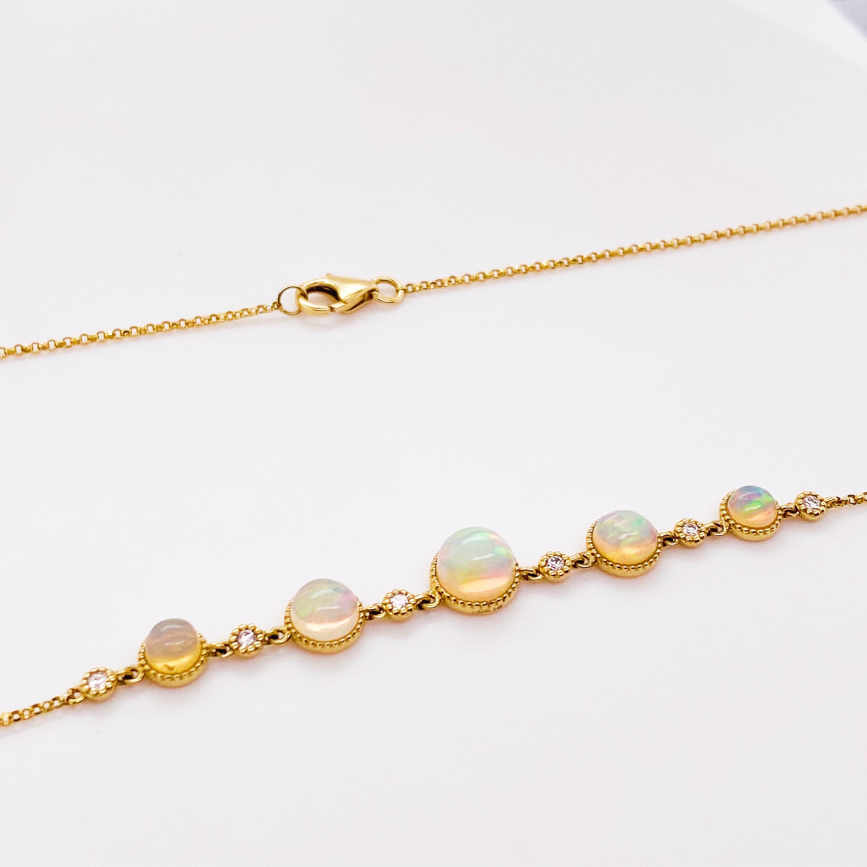 Round Cut Opal and Diamond Necklace Set in 14k Gold Bezel w Beaded Chain, 1.00 Carat Opals