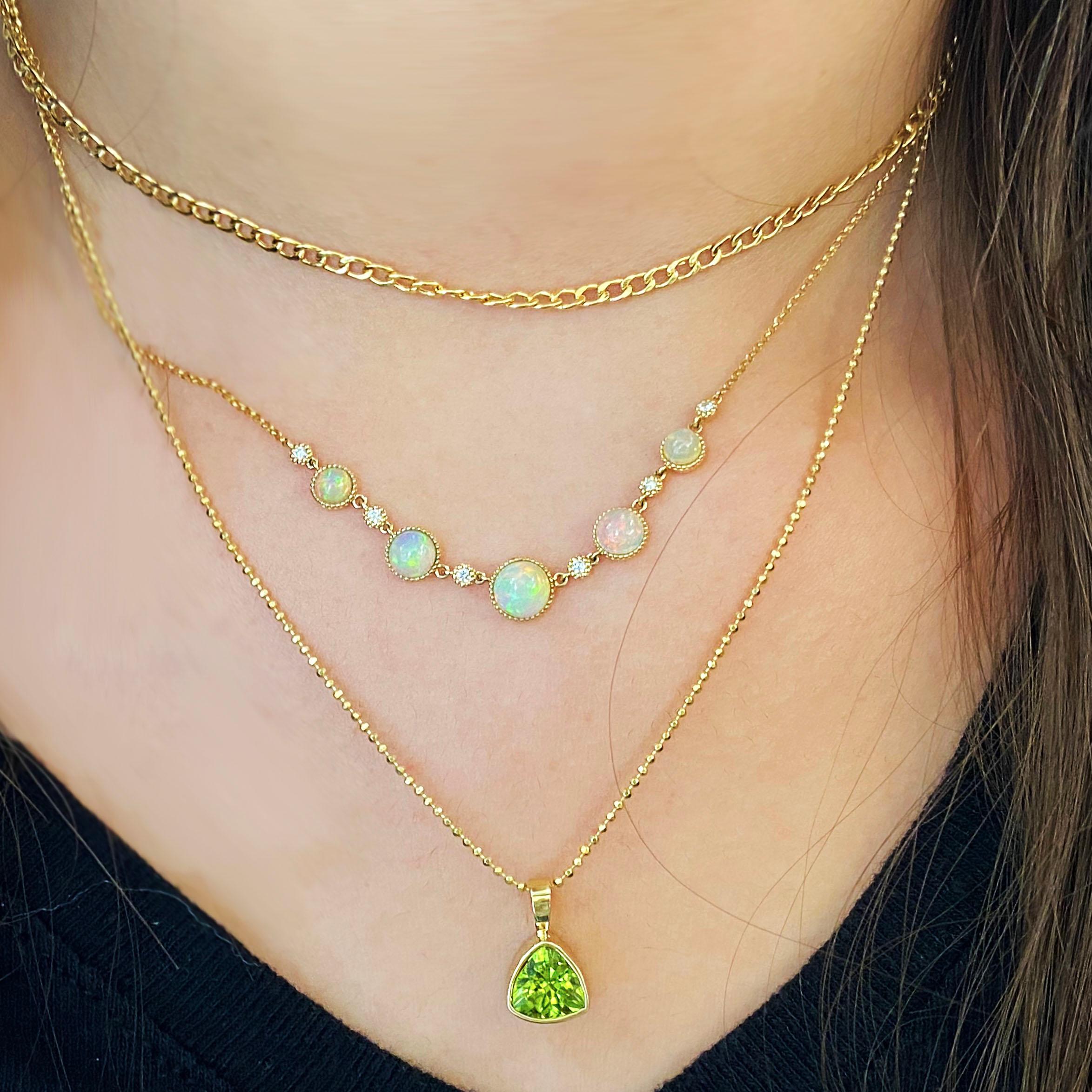 Women's or Men's Opal and Diamond Necklace Set in 14k Gold Bezel w Beaded Chain, 1.00 Carat Opals
