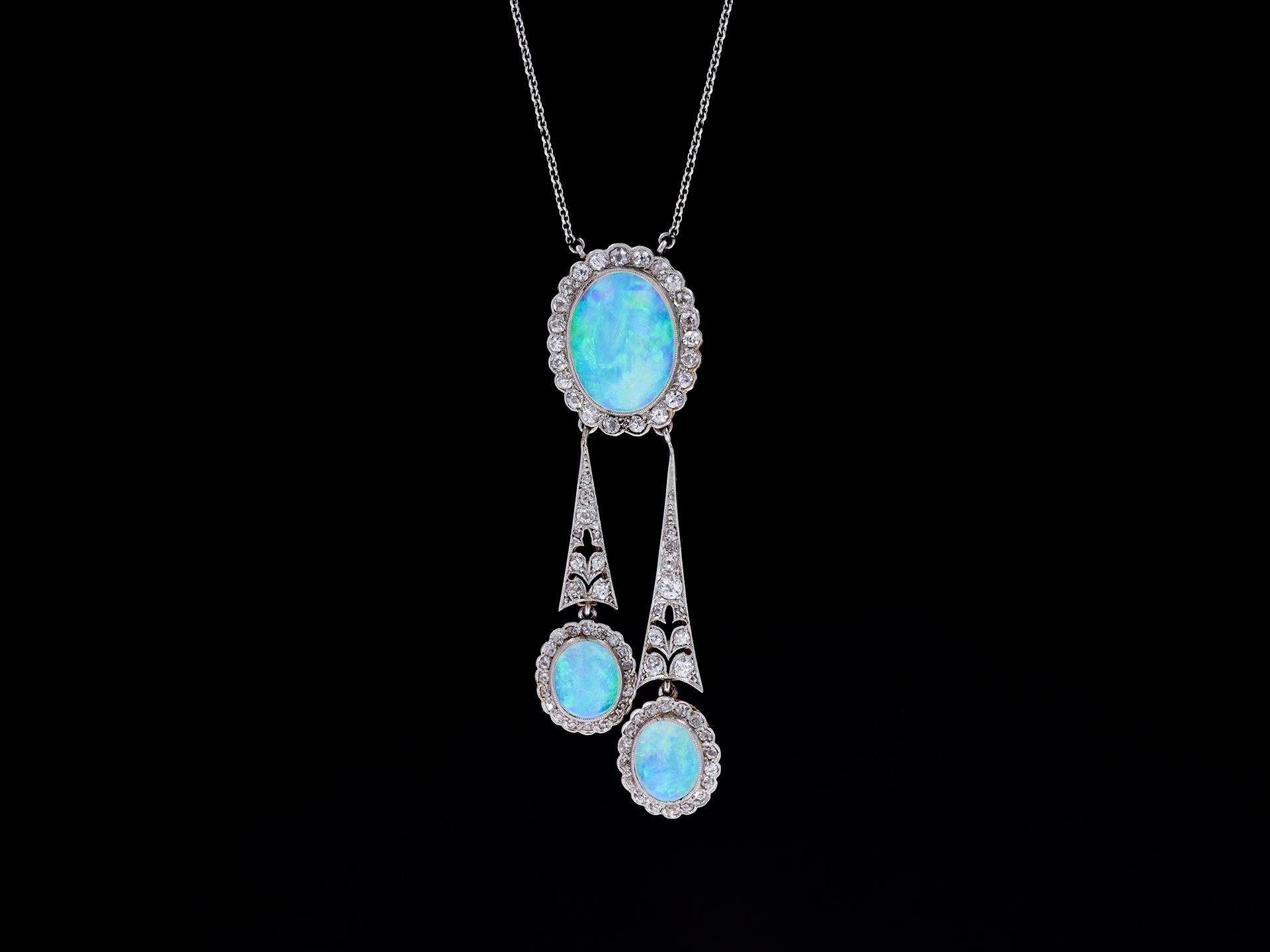 Cabochon Opal and diamond negligée necklace, circa 1905. For Sale