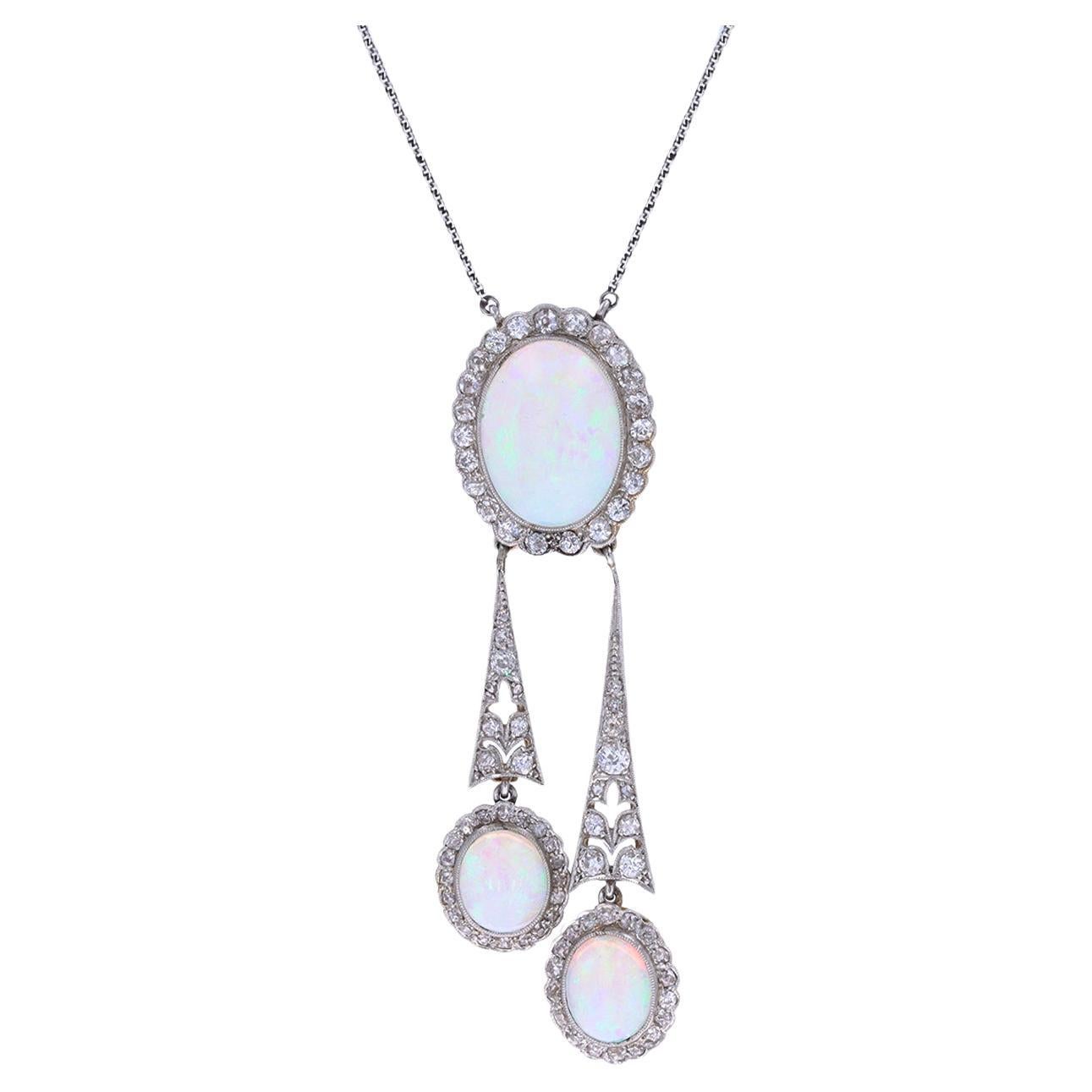 Opal and diamond negligée necklace, circa 1905. For Sale