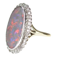 Vintage Opal and Diamond, Oval Shape Cluster Ring in Rub over Setting in 18 Karat Gold
