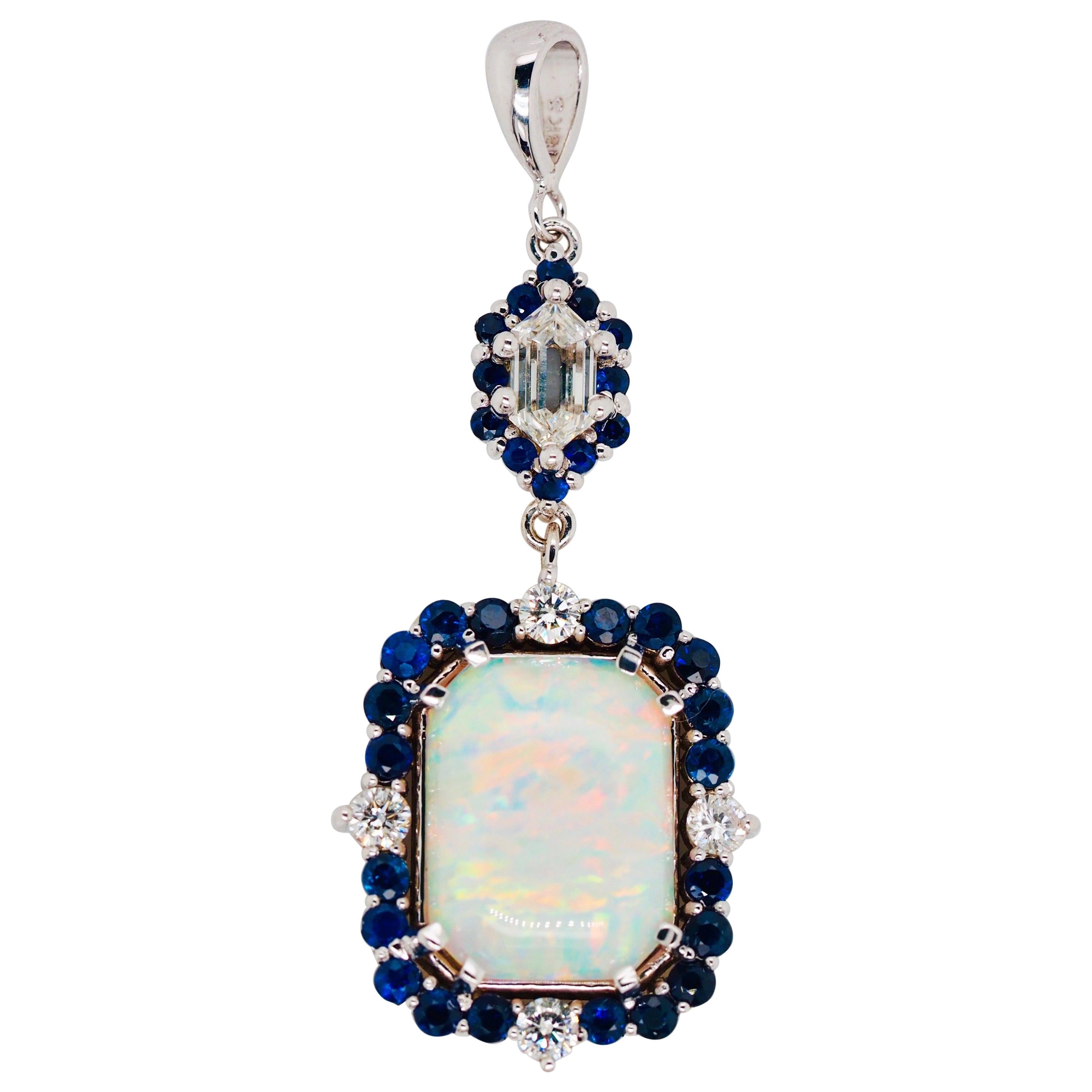 Opal and Diamond Pendant with Sapphire and Diamond Halos Set in 18 Karat Gold For Sale