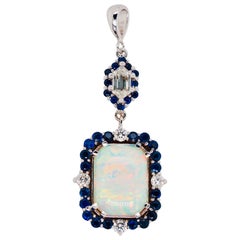 Vintage Opal and Diamond Pendant with Sapphire and Diamond Halos Set in 18 Karat Gold