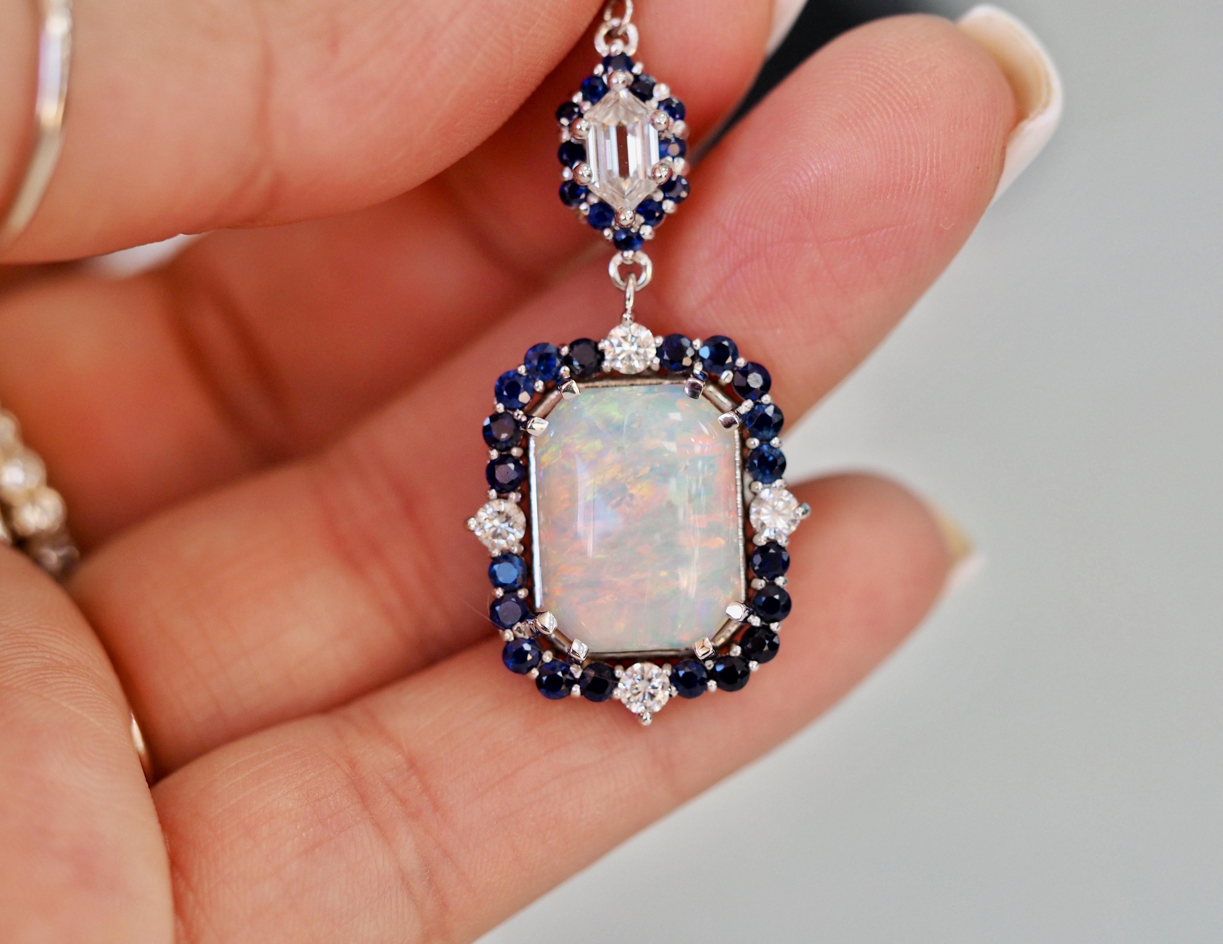 Round Cut Opal and Diamond Pendant with Sapphire and Diamond Halos Set in 18 Karat Gold For Sale