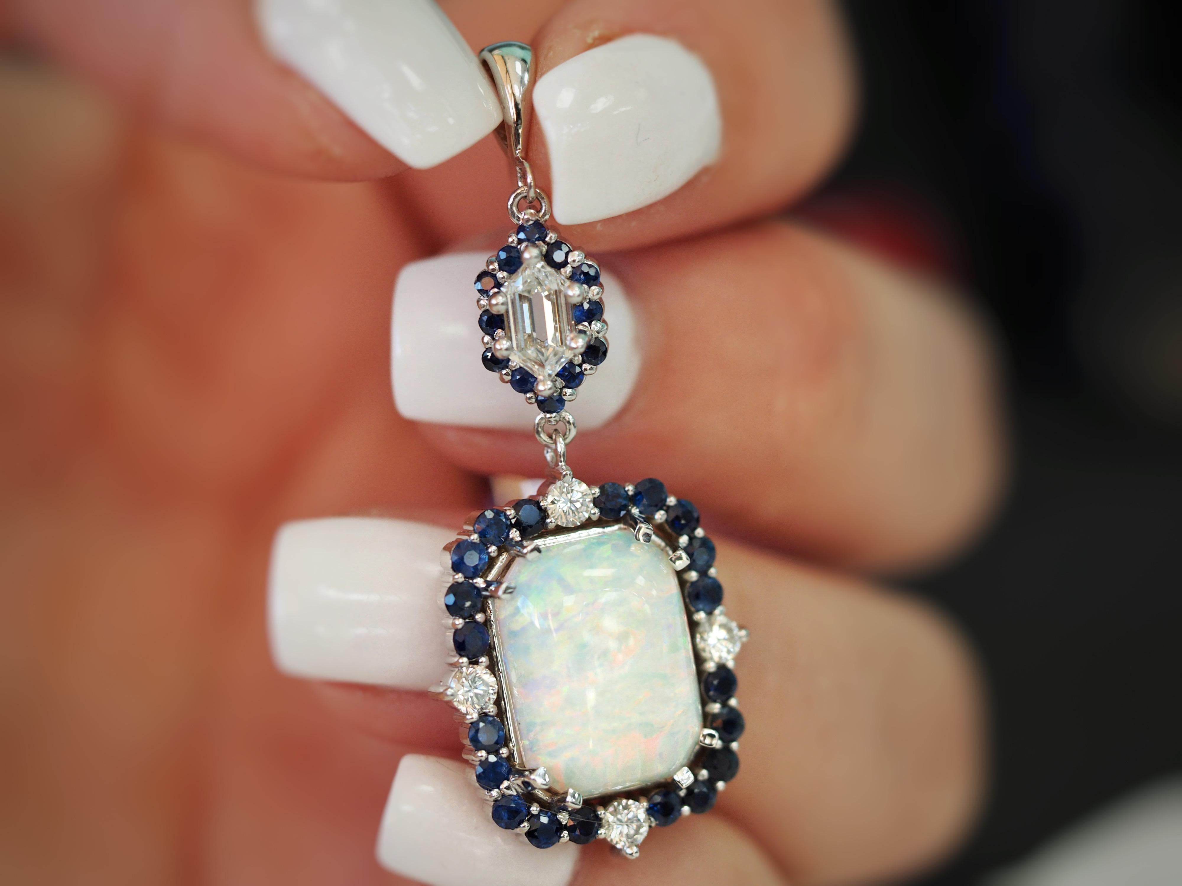 Opal and Diamond Pendant with Sapphire and Diamond Halos Set in 18 Karat Gold In New Condition For Sale In Addison, TX