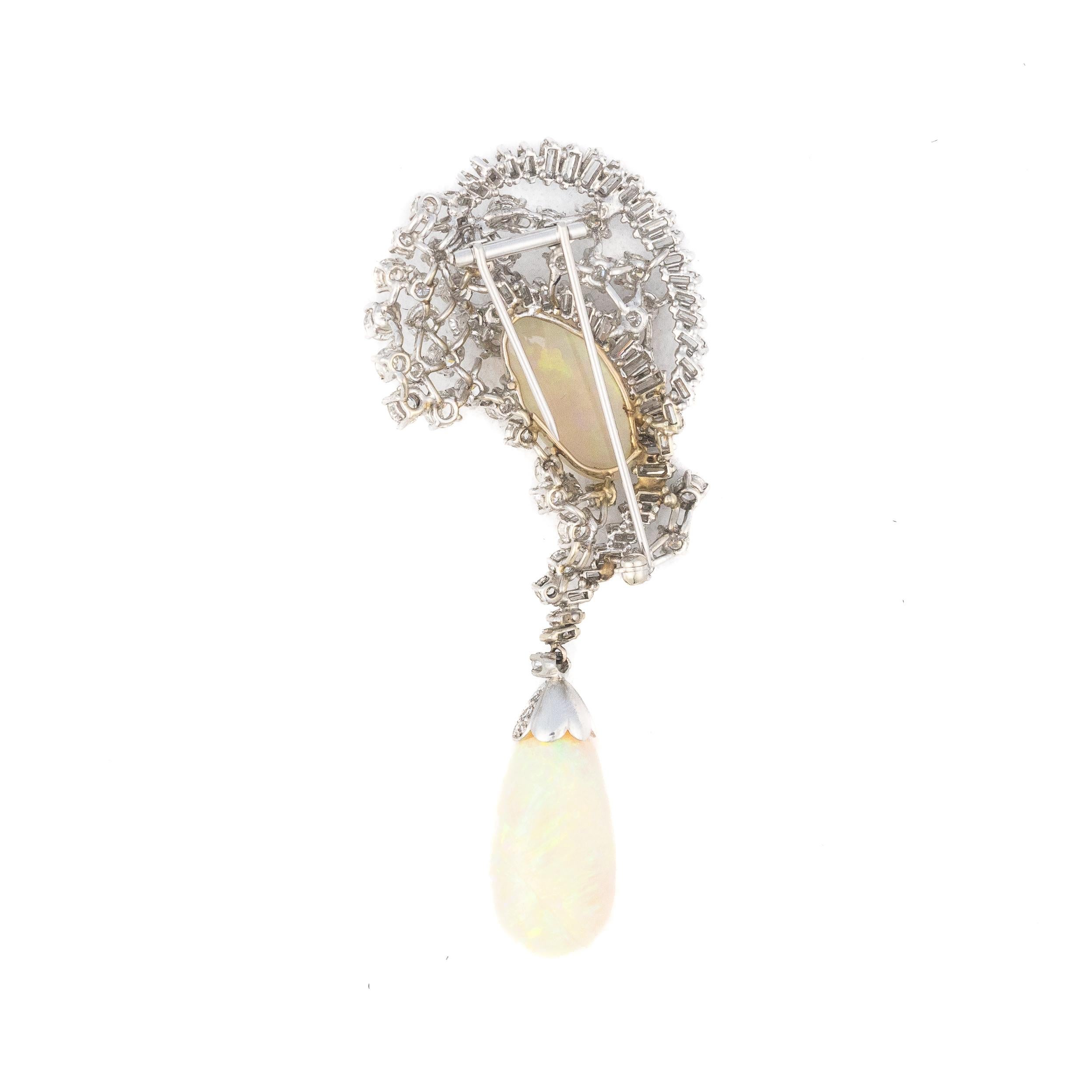 Retro Opal and Diamond Platinum Brooch For Sale