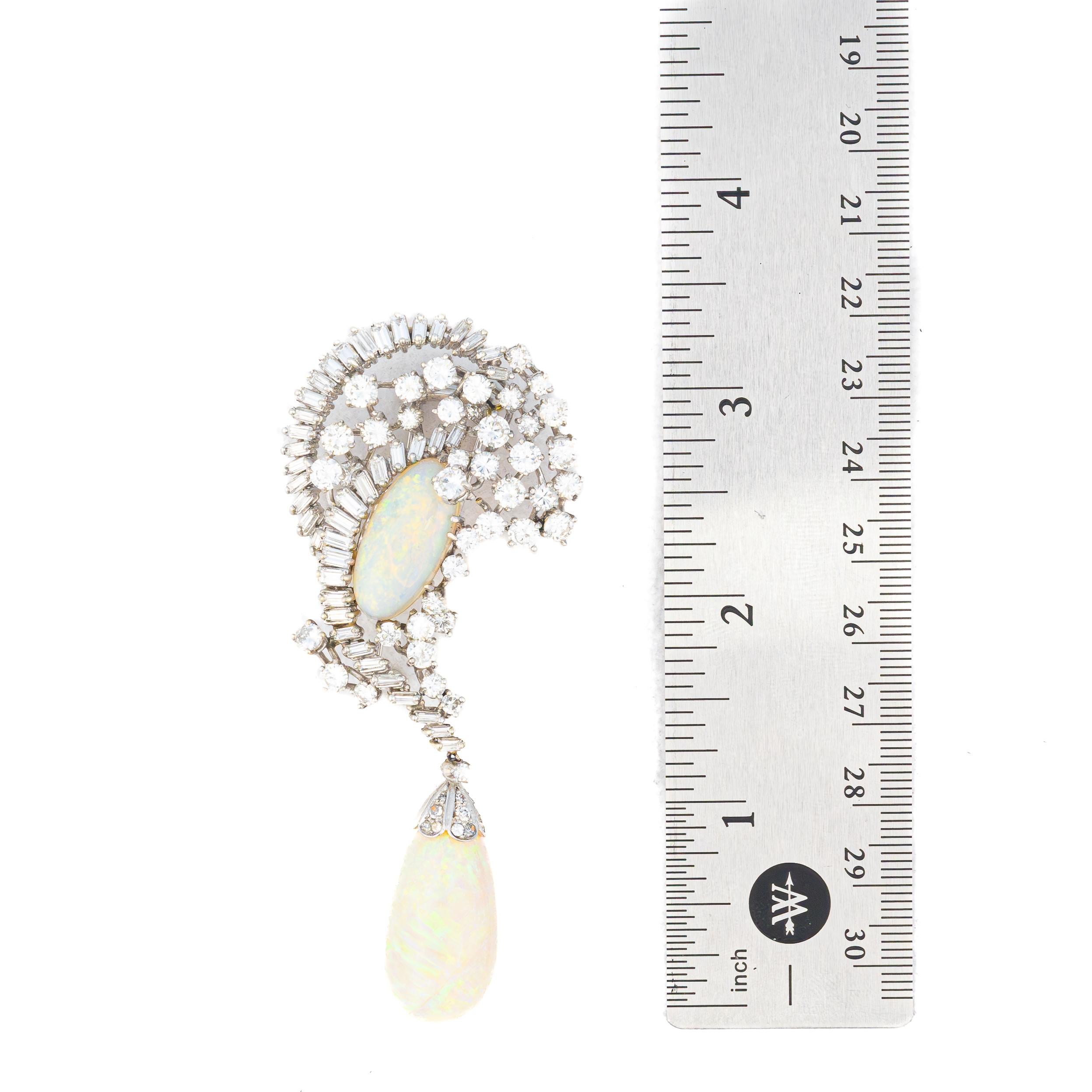 Round Cut Opal and Diamond Platinum Brooch For Sale