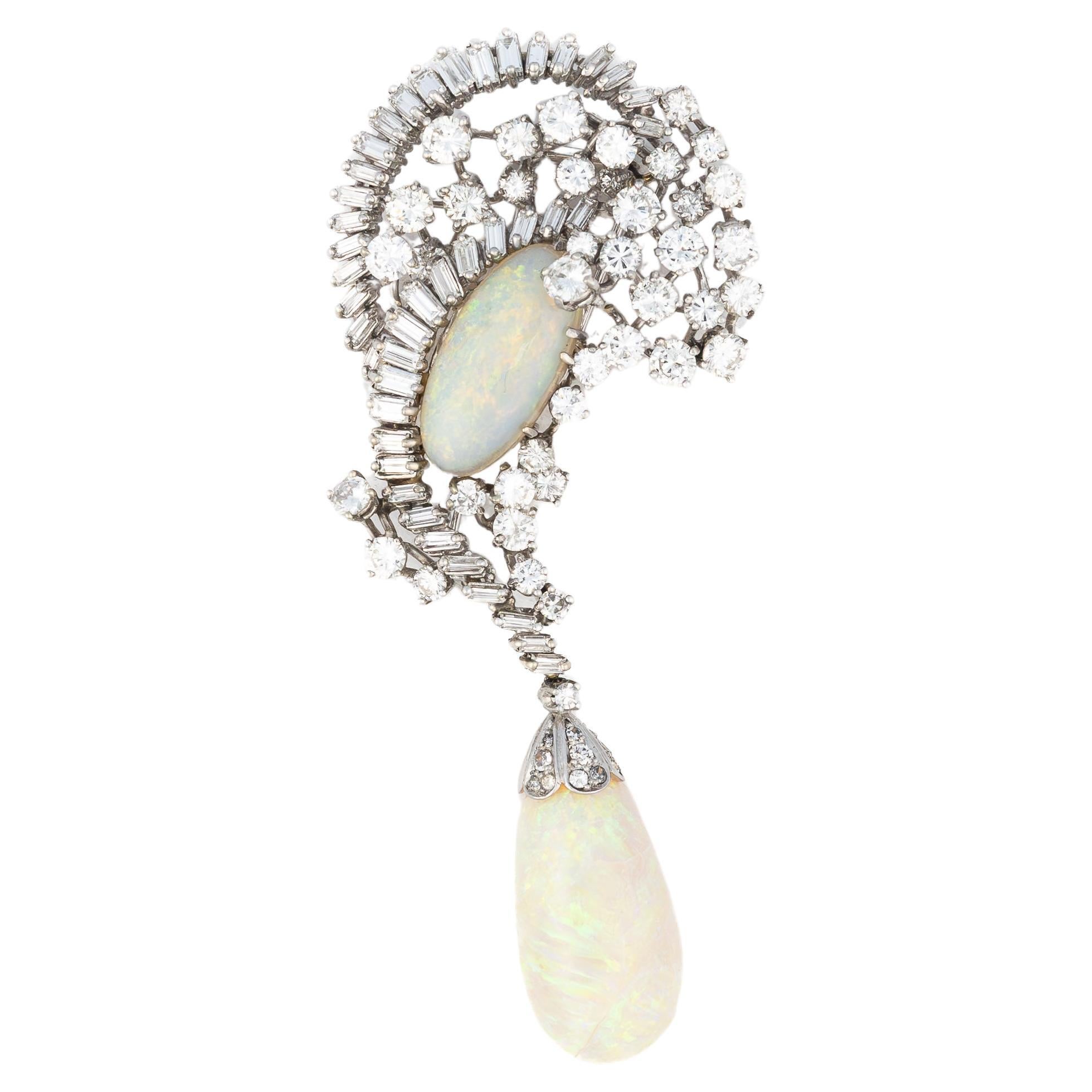 Opal and Diamond Platinum Brooch For Sale