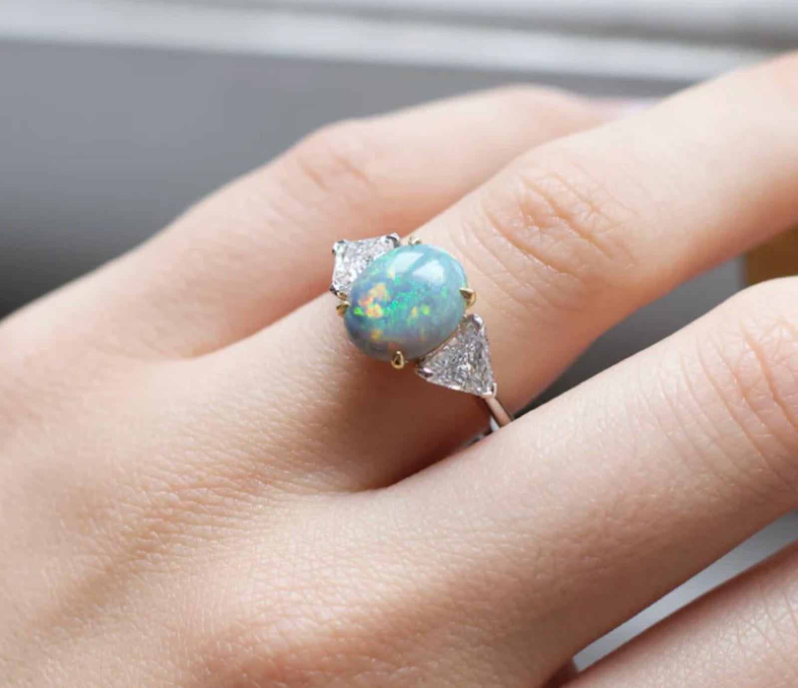 Cabochon Opal and Diamond Platinum Ring For Sale