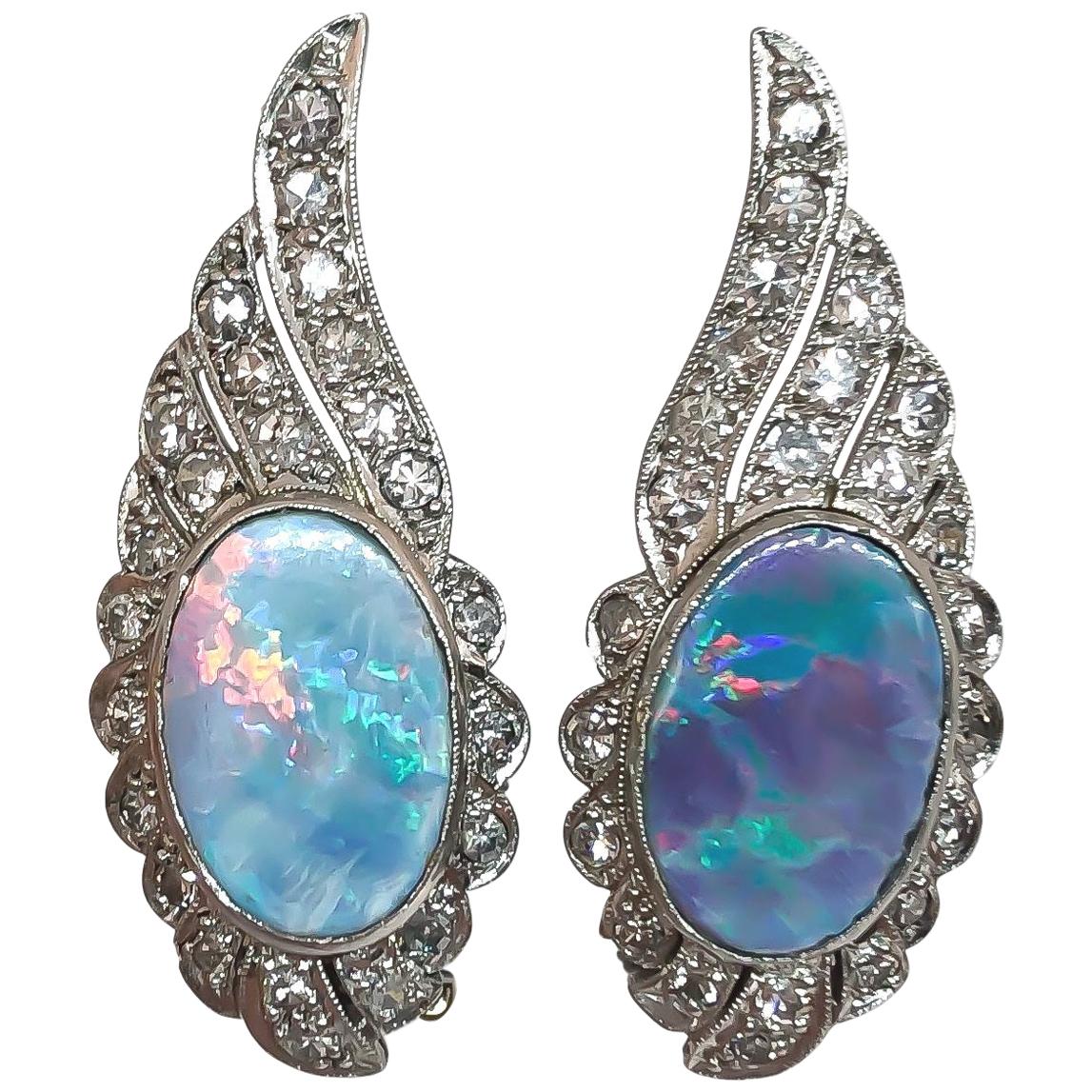 Opal and Diamond Platinum Wing Clip-On Earrings For Sale