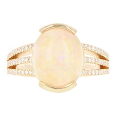 Opal and Diamond Ring, 14 Karat Yellow Gold Oval Cabochon 3.73 Carat