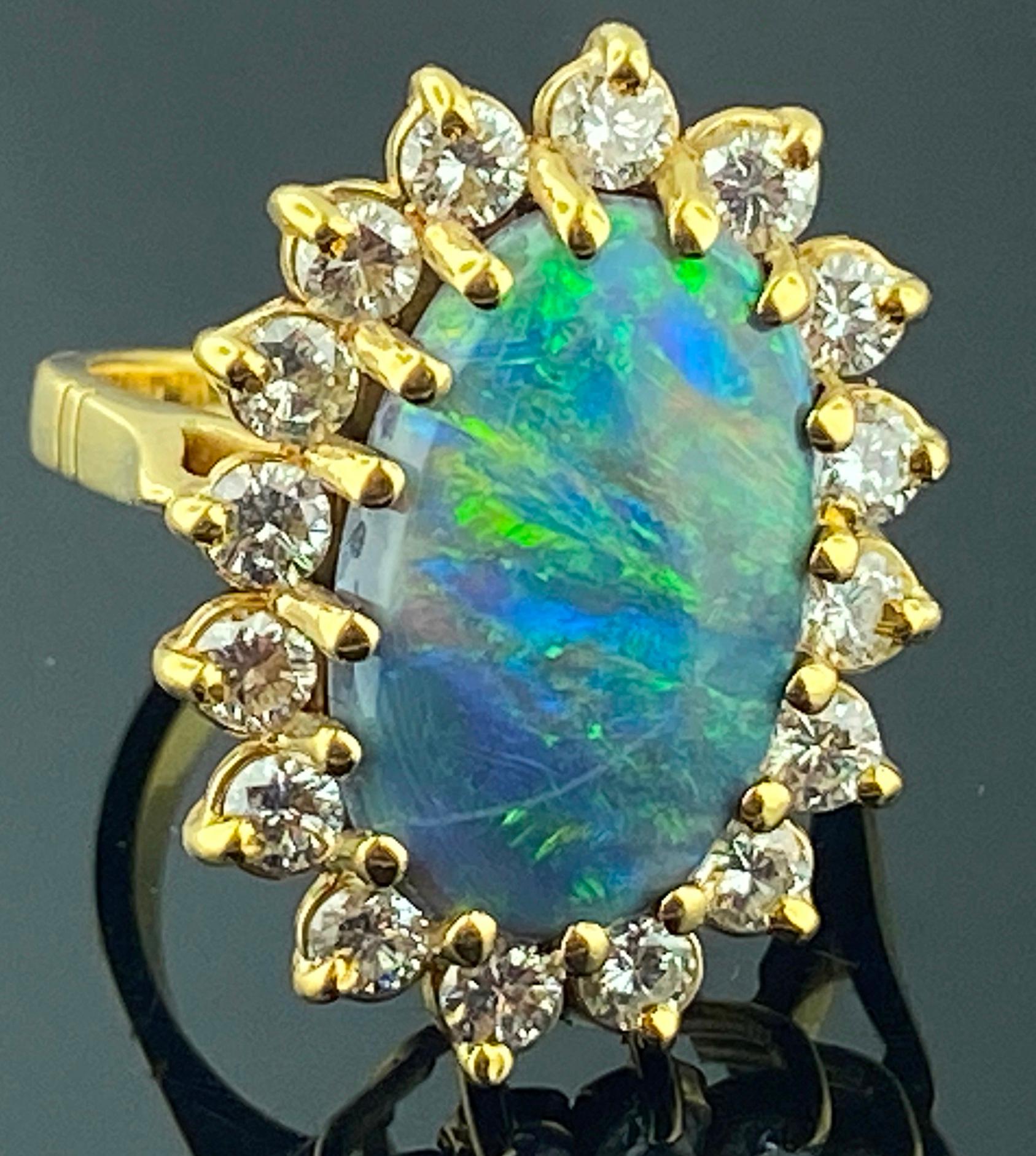 Round Cut Opal and Diamond Ring in 18 Karat Yellow Gold For Sale