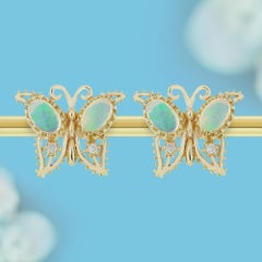 Opal and Diamond Vintage Style Butterfly Stud Earrings in Solid 9K Gold