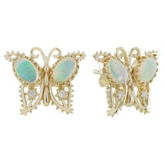 Opal and Diamond Vintage Style Butterfly Stud Earrings in Solid 9K Gold