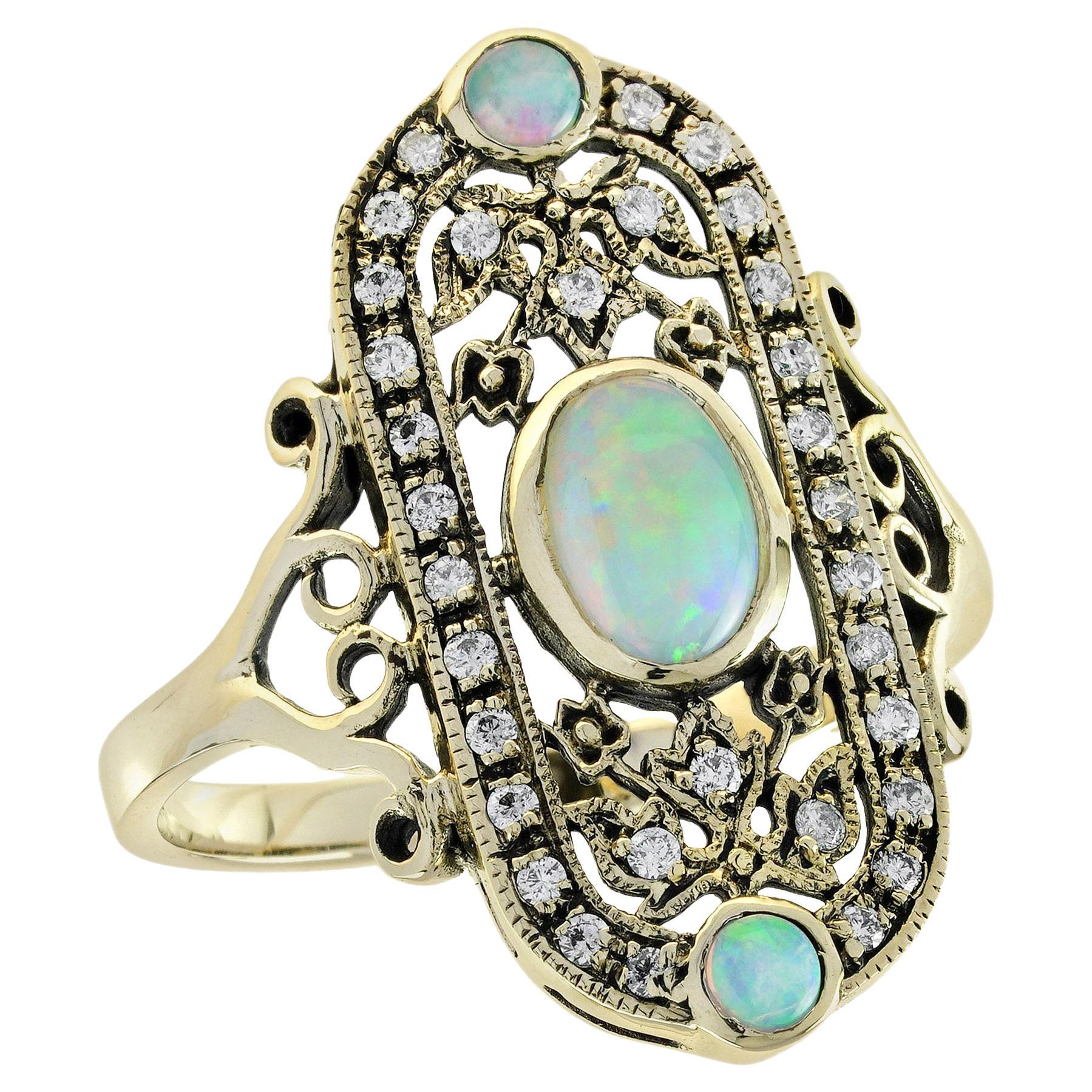Natural Opal Diamond Statement Ring with Filigree in 14K Yellow Gold