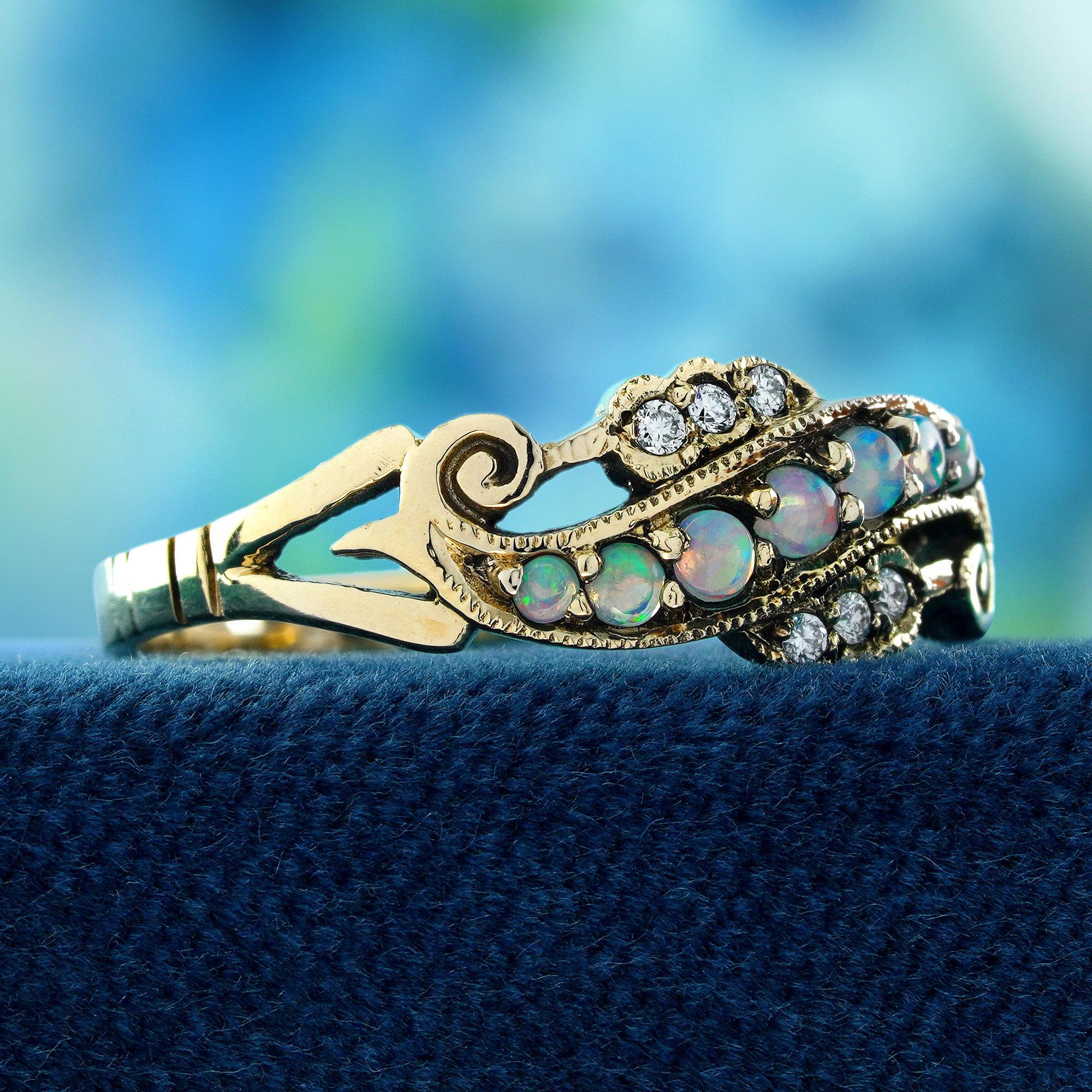 Ópalo y Diamante Estilo Vintage Curvo  Anillo de oro amarillo macizo de 9 quilates Eduardiano