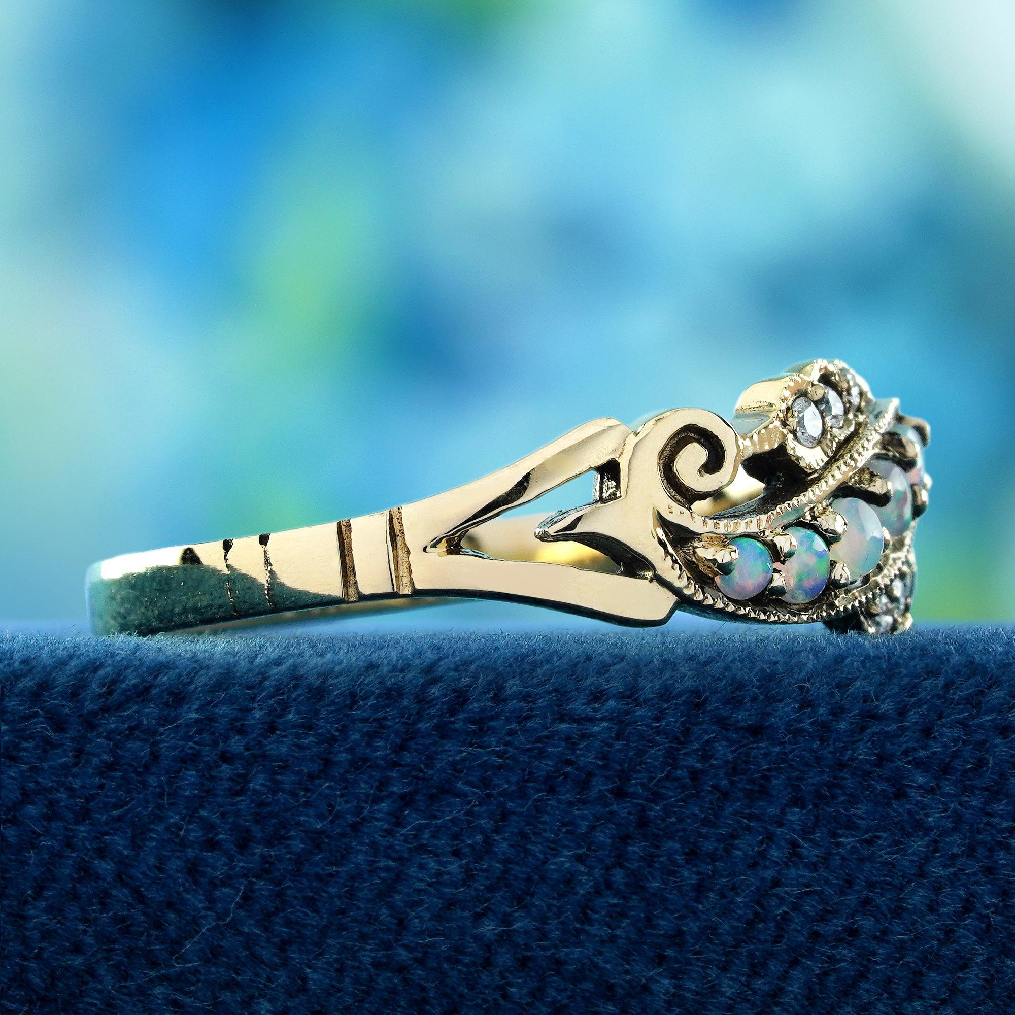 Ópalo y Diamante Estilo Vintage Curvo  Anillo de oro amarillo macizo de 9 quilates Corte redondo