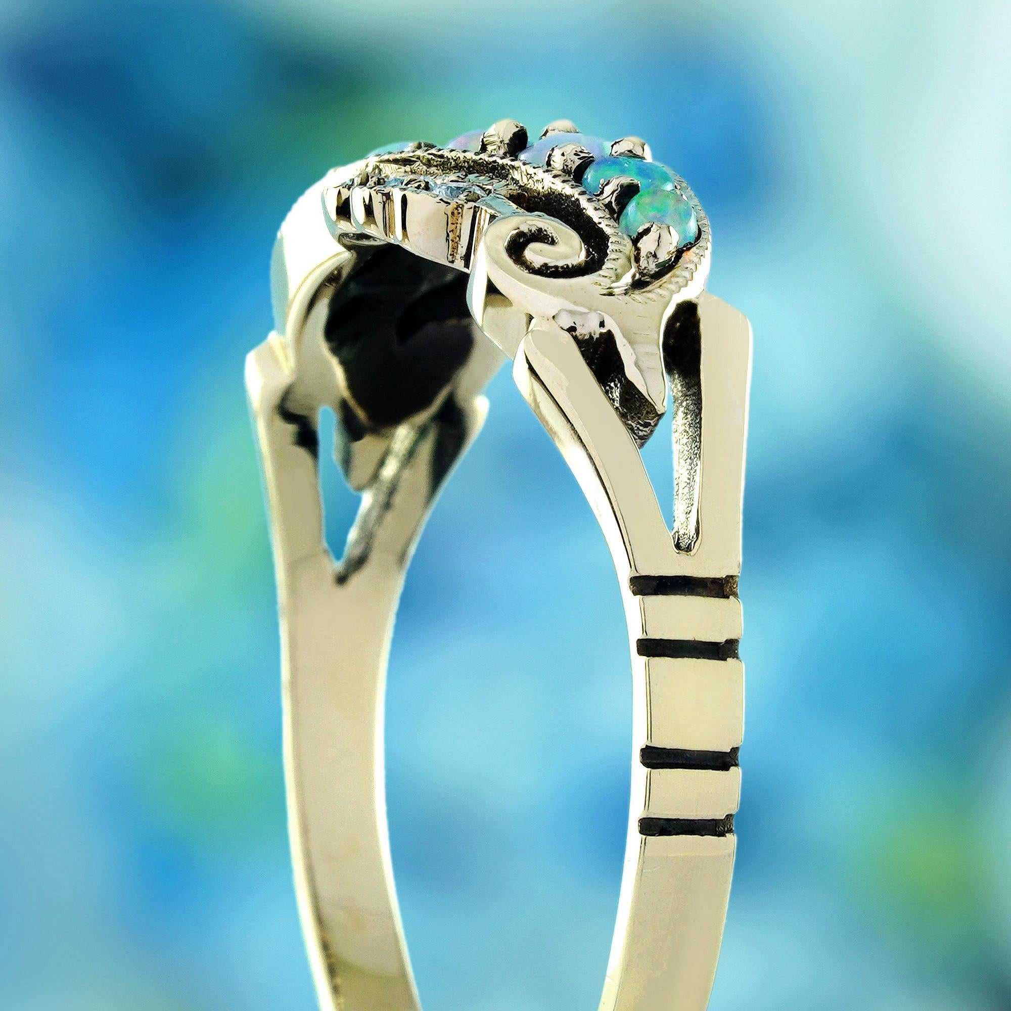 De las mujeres Ópalo y Diamante Estilo Vintage Curvo  Anillo de oro amarillo macizo de 9 quilates