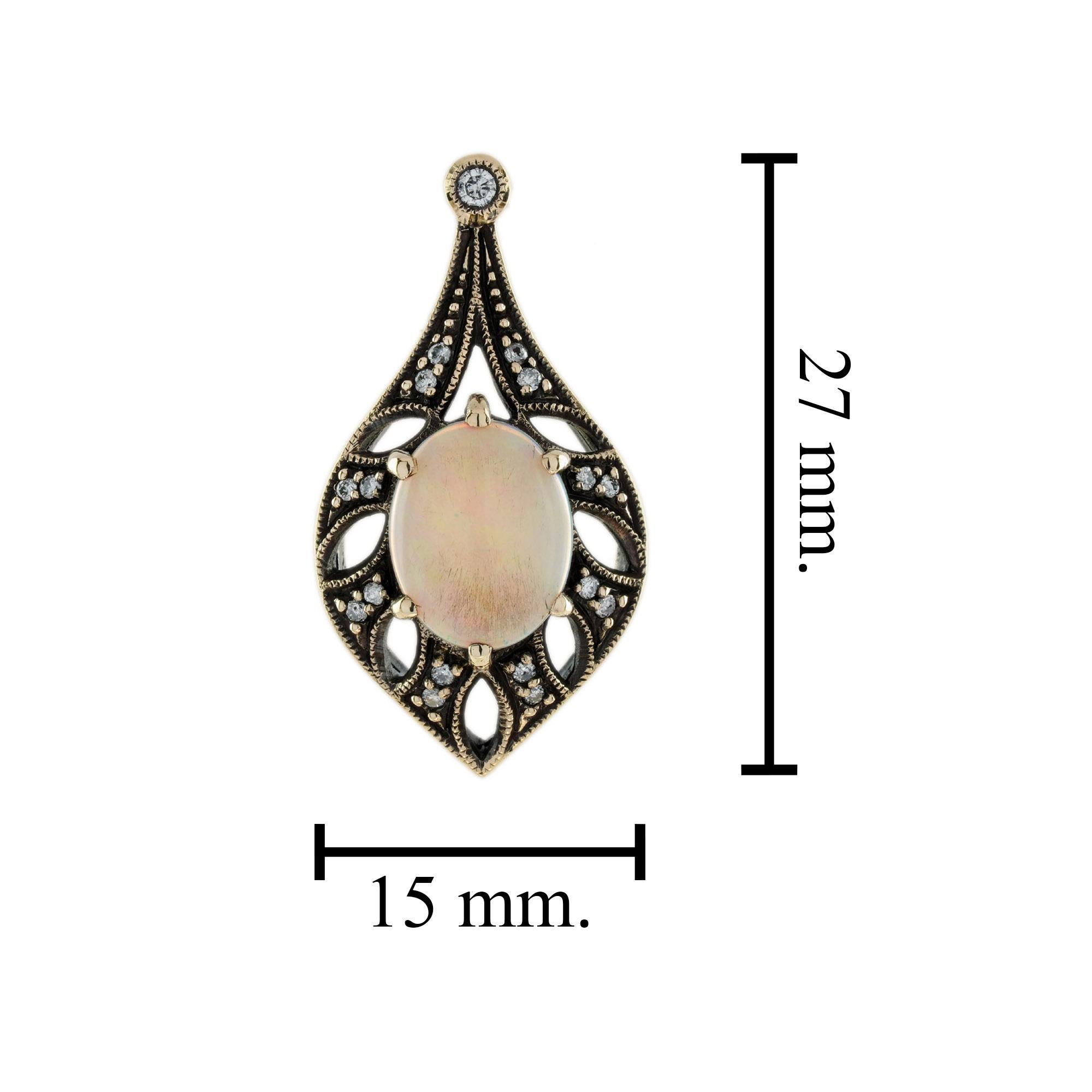 Oval Cut Opal and Diamond Vintage Style Drop Shape Earrings in 9K Yellow Gold For Sale