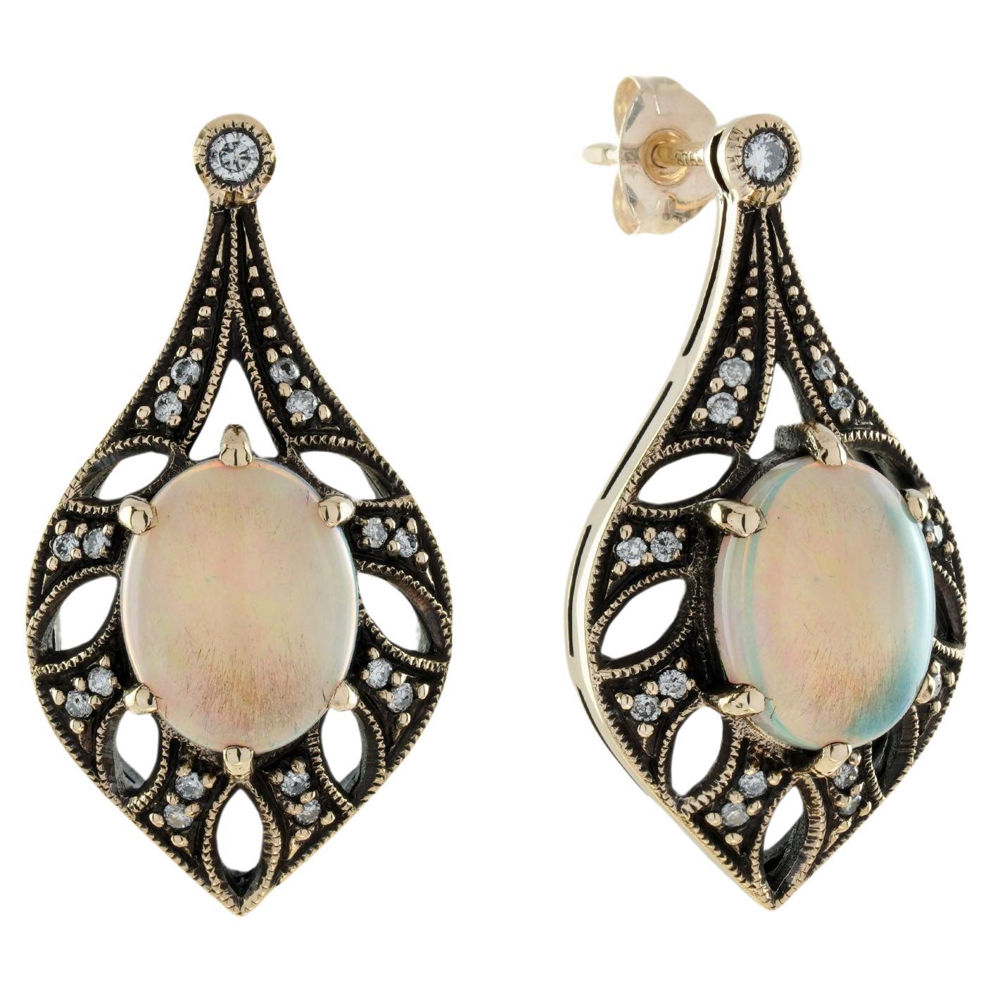 Opal and Diamond Vintage Style Drop Shape Earrings in 9K Yellow Gold For Sale