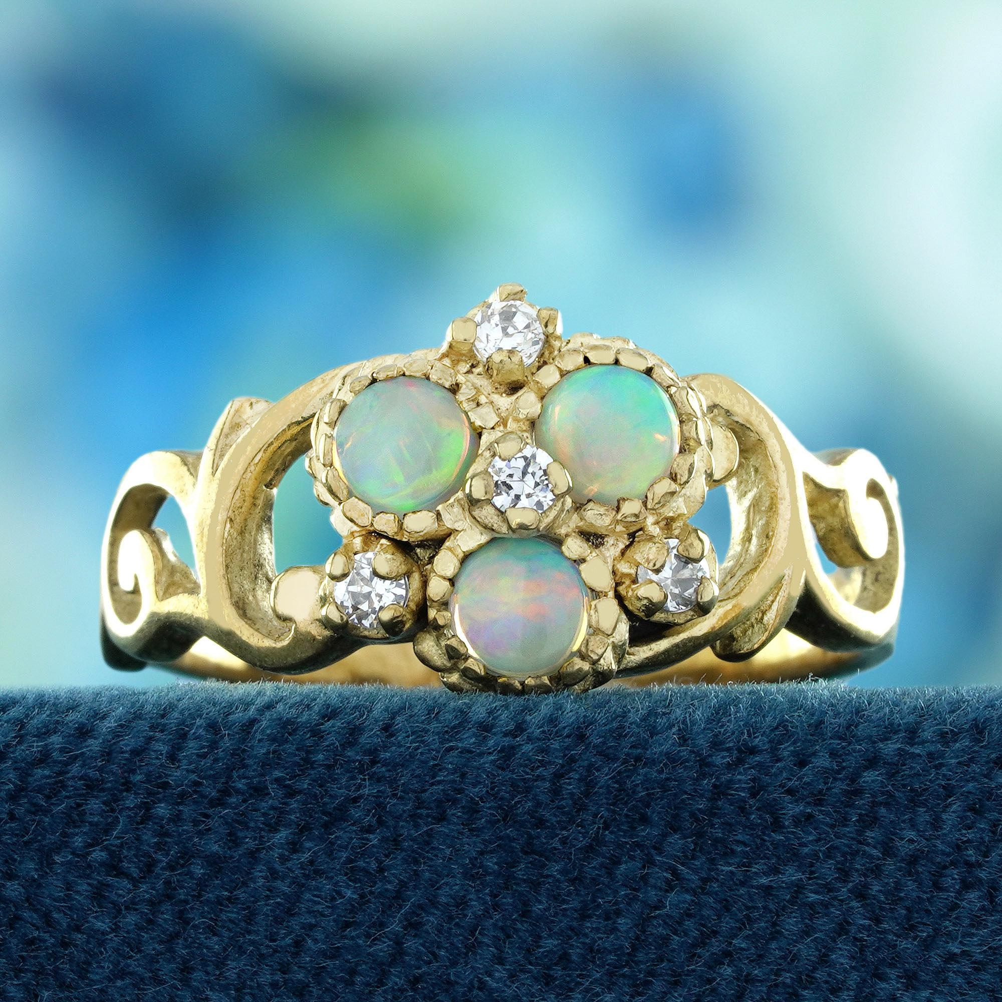 Dieser florale Ring im Vintage-Stil ist ein wahres Meisterwerk. Sein Herzstück ist ein bezaubernder natürlicher Opal, der zart wie eine blühende Blume geformt ist. Das lebendige Farbenspiel des Opals erzeugt ein sanftes, ätherisches Leuchten und