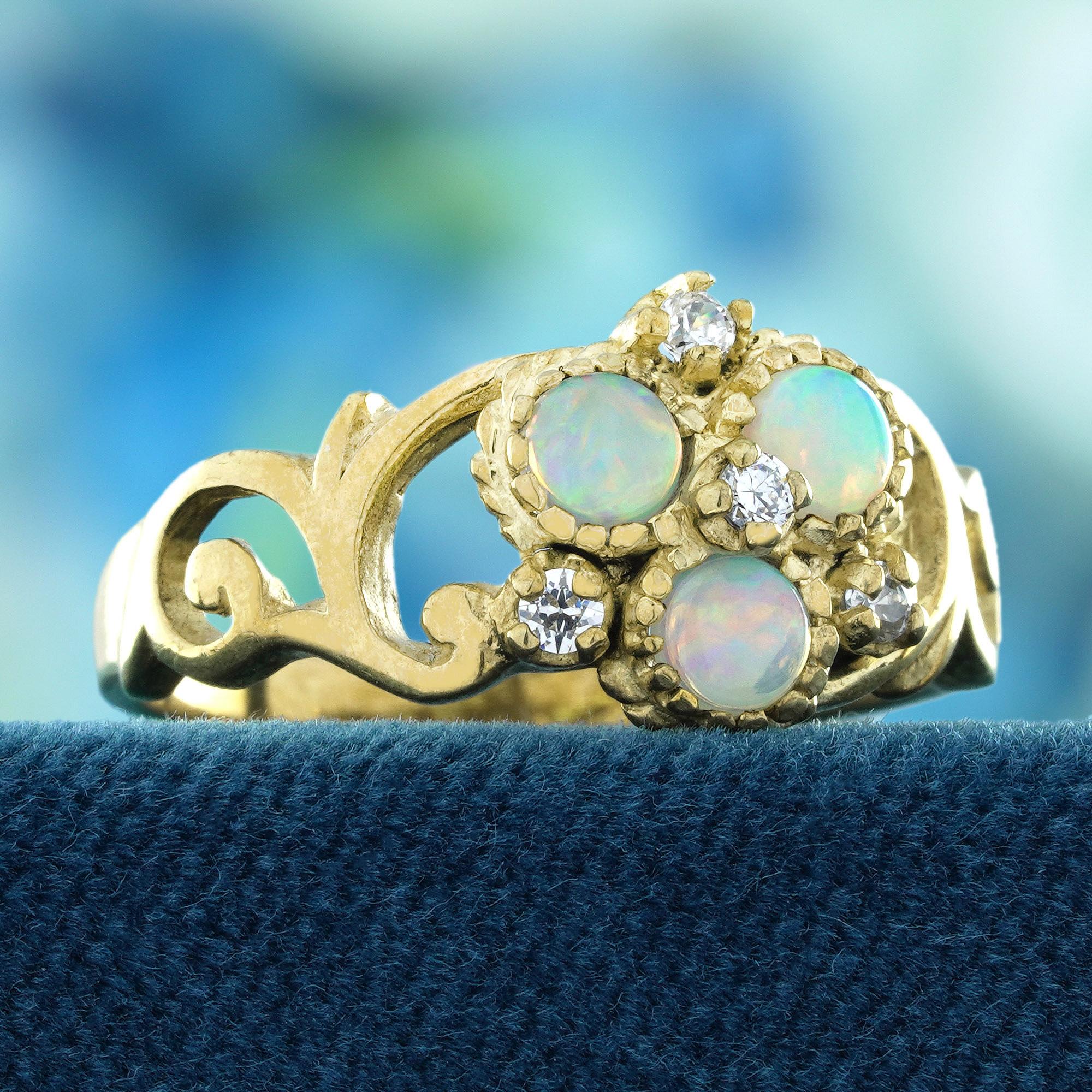 Edwardian Opal and Diamond Vintage Style Floral Ring in Solid 9K Yellow Gold For Sale