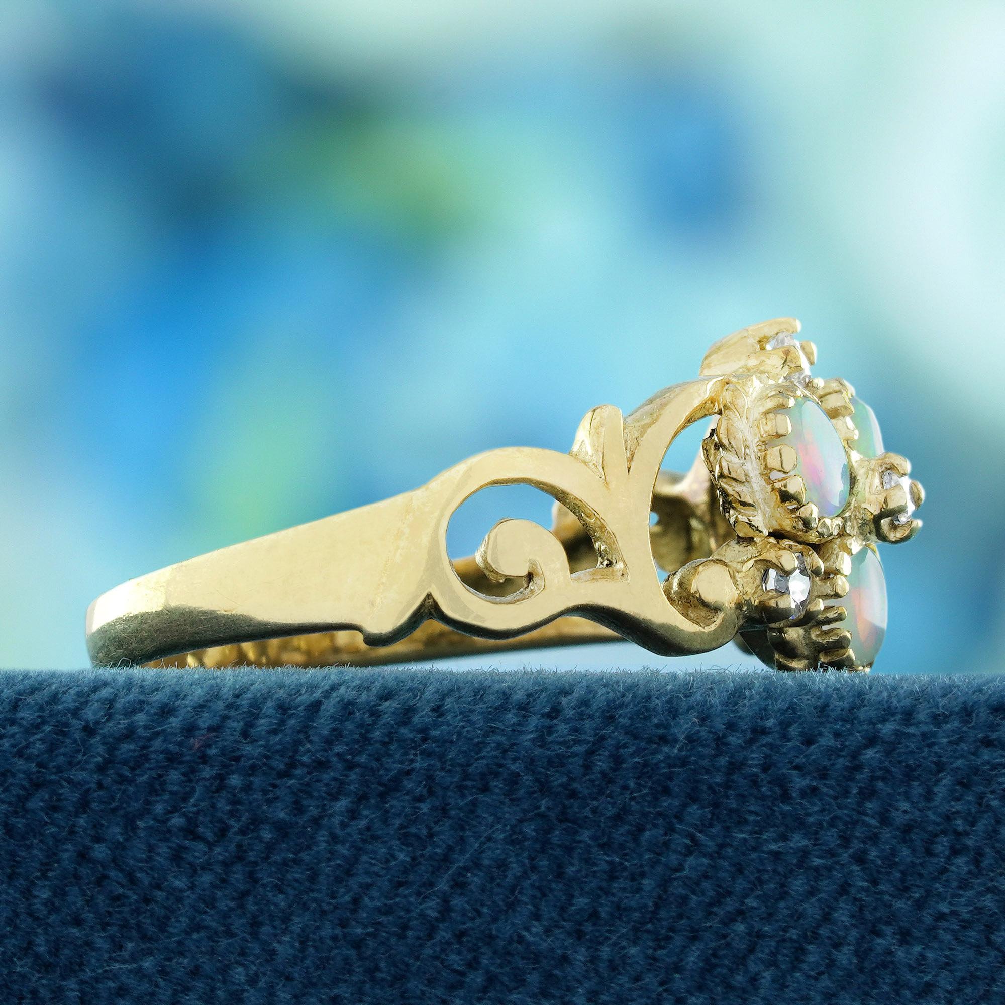 Round Cut Opal and Diamond Vintage Style Floral Ring in Solid 9K Yellow Gold For Sale