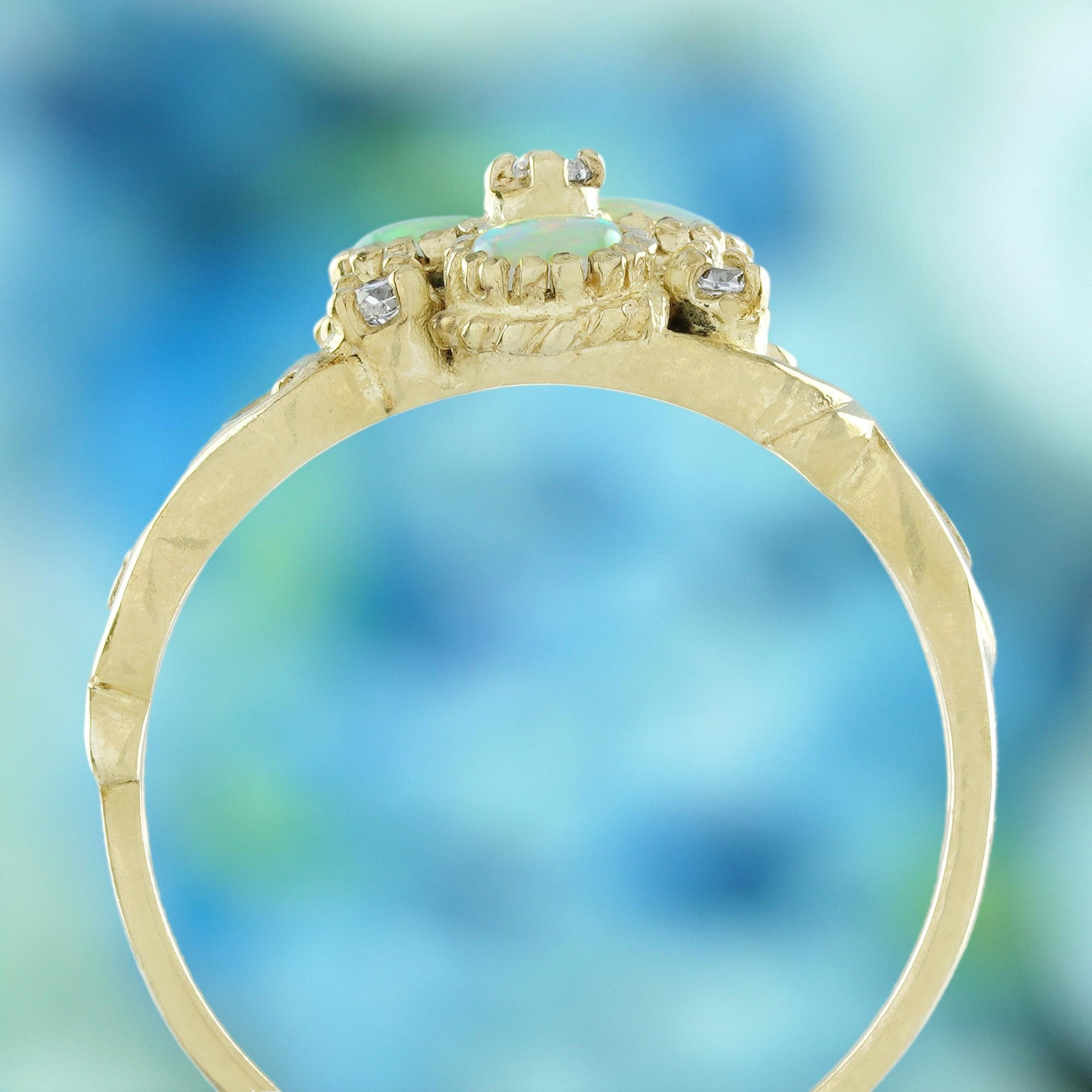 Opal and Diamond Vintage Style Floral Ring in Solid 9K Yellow Gold In New Condition For Sale In Bangkok, TH