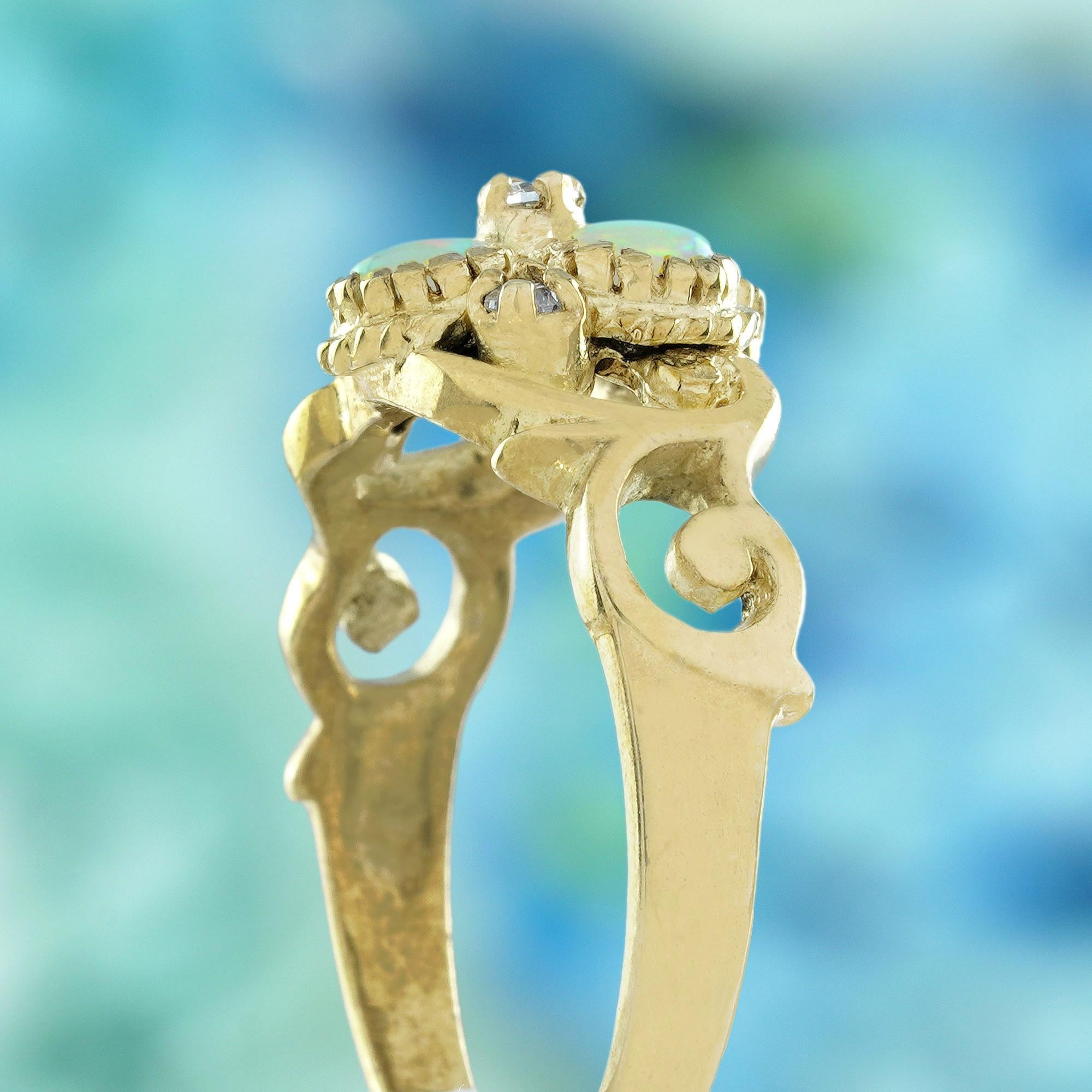 Women's Opal and Diamond Vintage Style Floral Ring in Solid 9K Yellow Gold For Sale